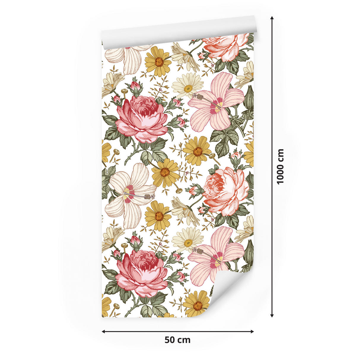 VLIESTAPETE Tropische Rosen und Blätter – Rosa, Grün, Weiß – 50x1000 cm - Rosa/Weiß, Papier (50/1000cm) - Muralo