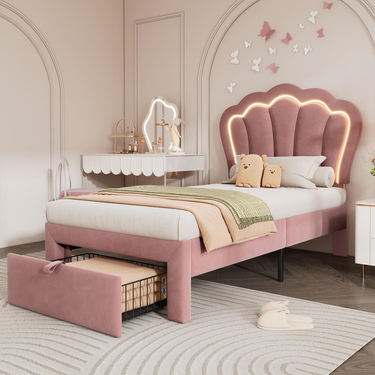 JUGENDBETT 90/190 cm in Rosa Samt mit Schublade, LED und verstellbarem Kopfteil - Schwarz/Rosa, Holzwerkstoff/Textil (90/190cm) - STILVORA