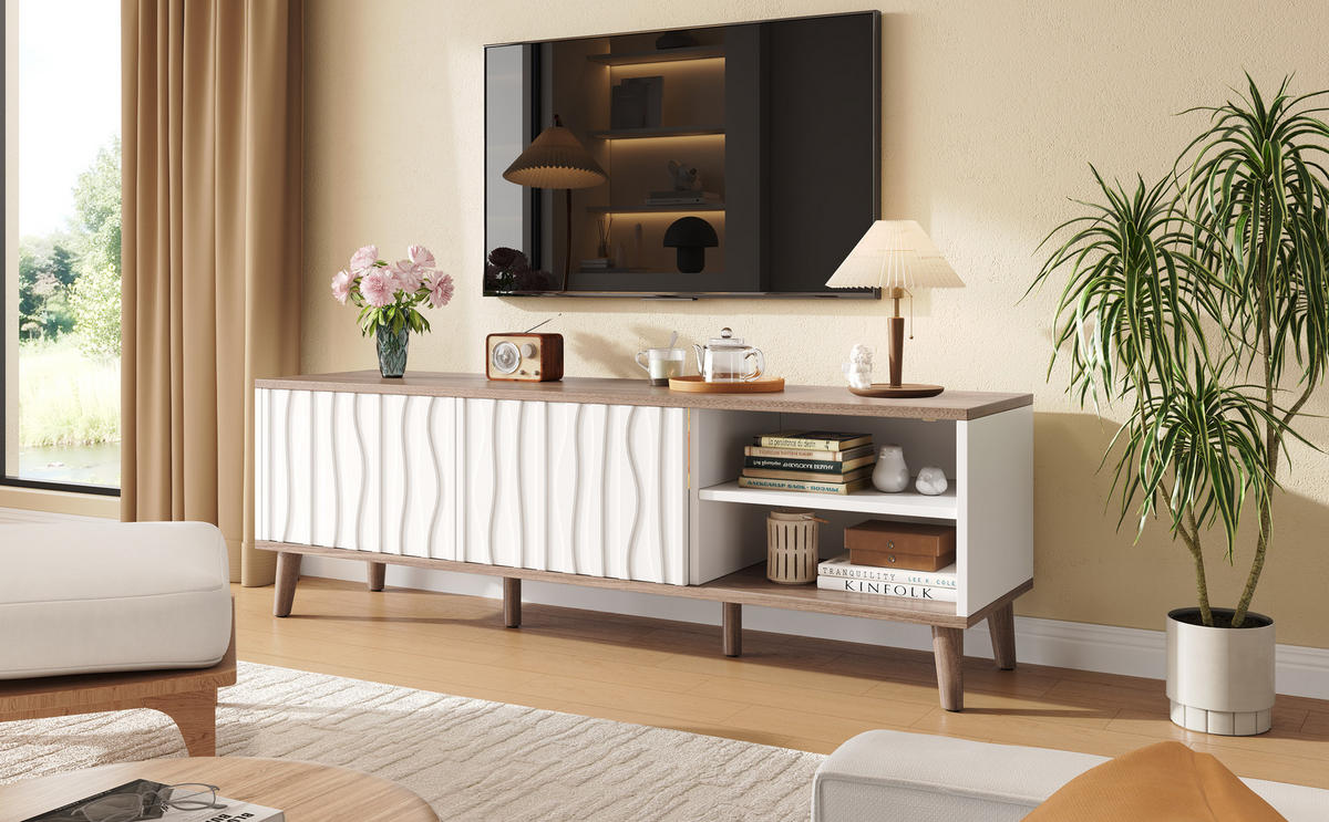TV-SCHRANK 160x40x52 cm mit LED, Stauraum und Schiebetür, Weiß - Weiß, Holz (160/52/40cm)