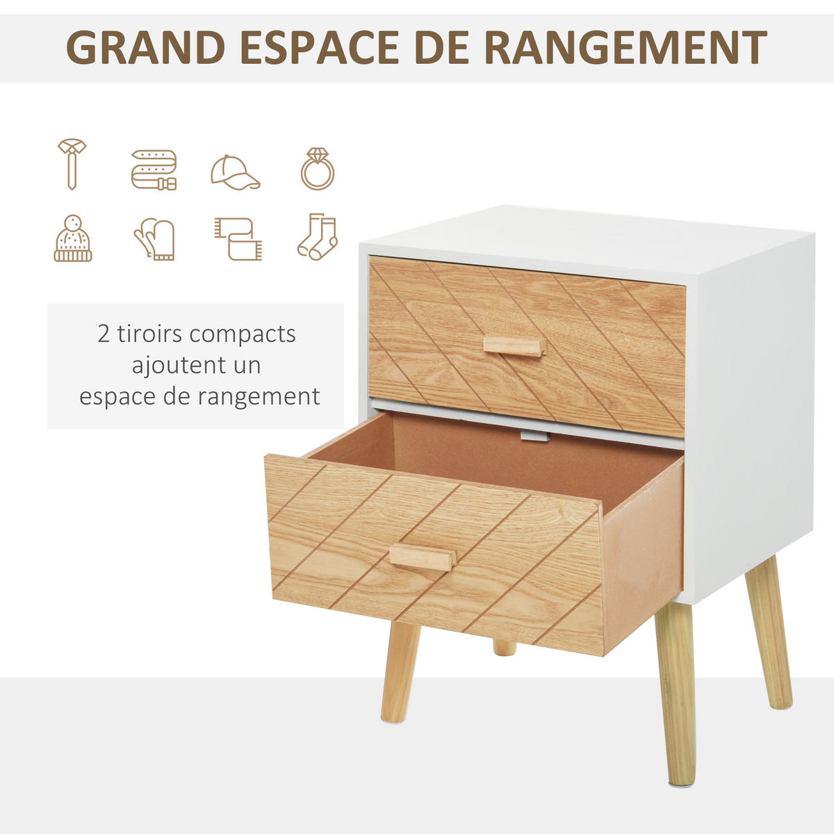 NACHTTISCH Weiß und Natur MDF und Holz mit 2 Schubladen 1er-Set - Weiß, Holz (40/55.5/30cm) - PANGIVO