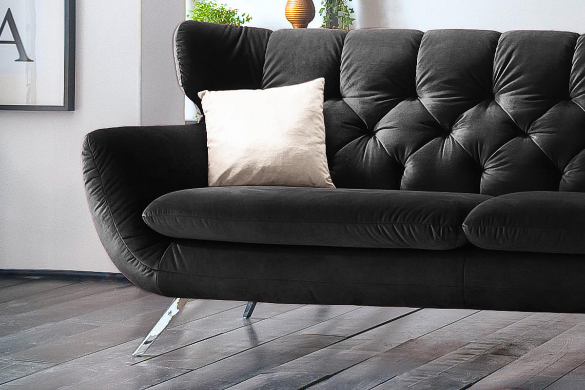 SOFA CHARME Schwarz Velvet - Silberfarben/Schwarz, Textil/Metall (200/94/95cm) - KAWOLA