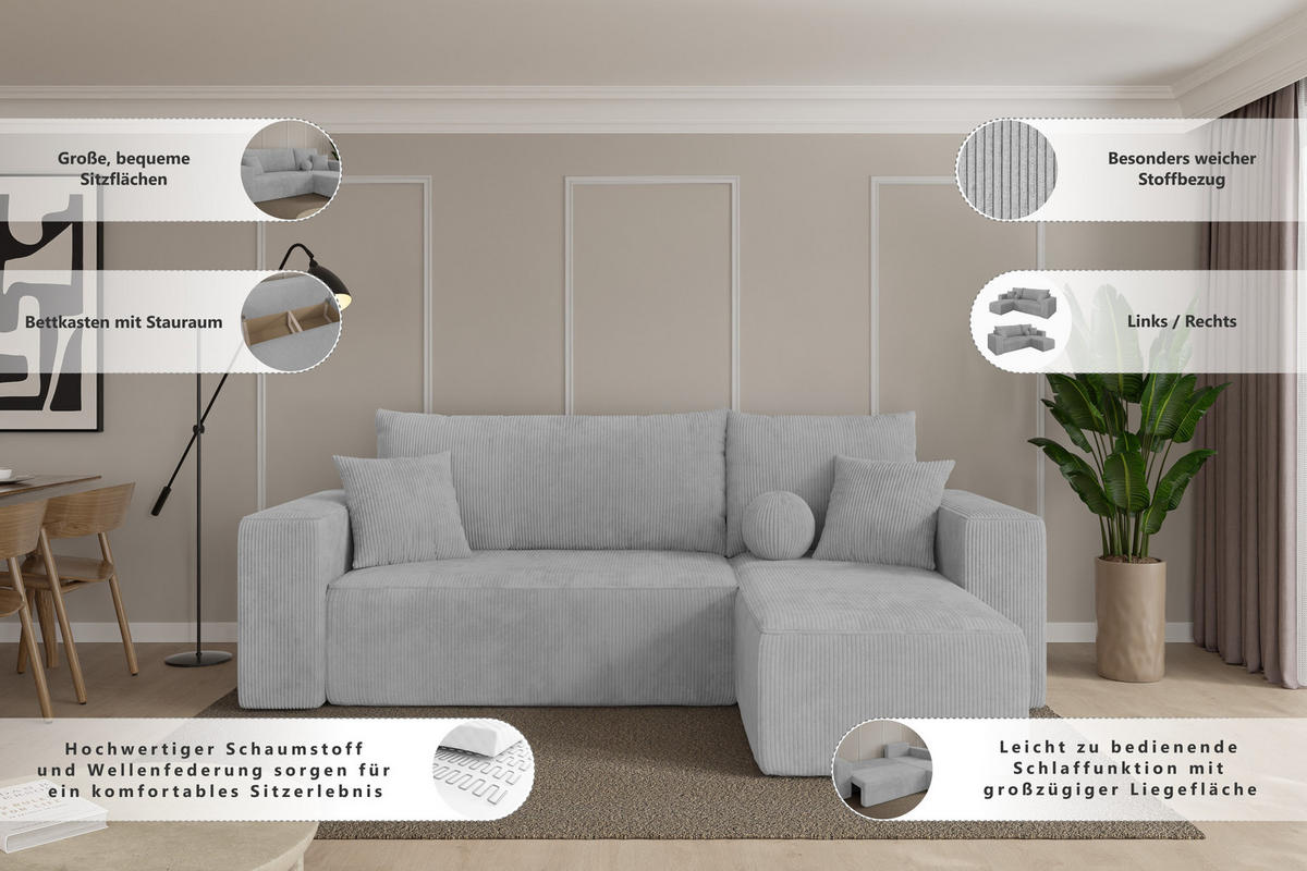 ROHOVÁ SEDAČKA s funkcí spaní, otoman vlevo SENO-L 249x139x85 béžová velur - černá/Sahara, kompozitní dřevo/textil (249/139cm) - ALTDECOR