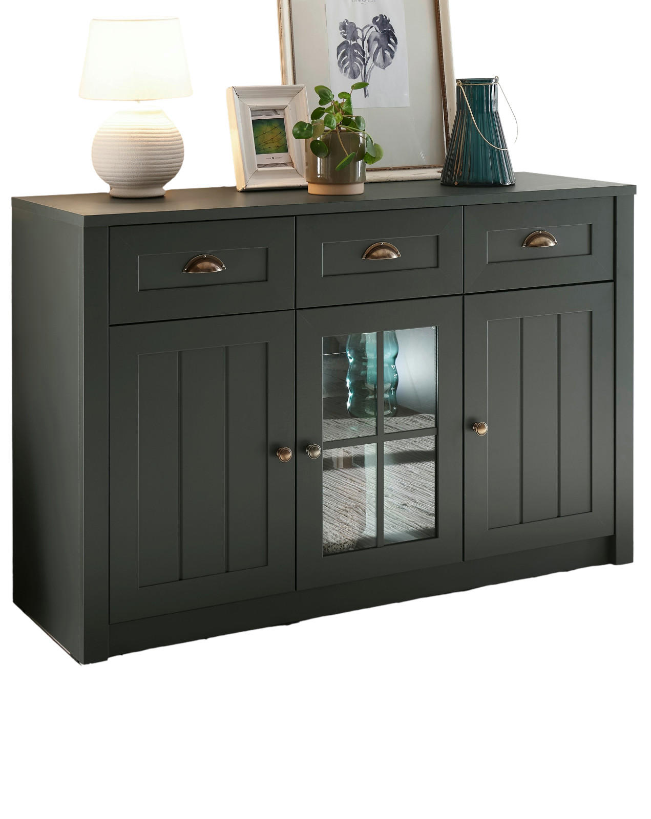 SIDEBOARD grün Landhaus 130 x 86 cm, Kommode mit viel Stauaum - Chromfarben/Schwarz, Glas/Holzwerkstoff (130/86/43cm) - Furn.Design