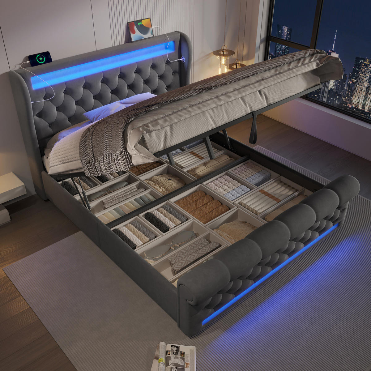POLSTERBETT 140/200 cm Grau mit LED-Beleuchtung, Stauraum und USB- und Type-C-Anschlüssen - Grau, Textil (140/200cm) - Flora Grace