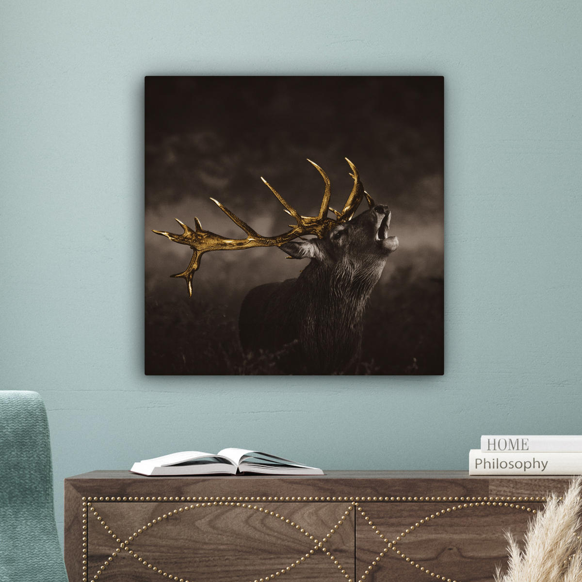 LEINWANDBILD Rotwild - Schwarz - Gold 50x50 cm - Braun, Textil (50/50cm) - MuchoWow