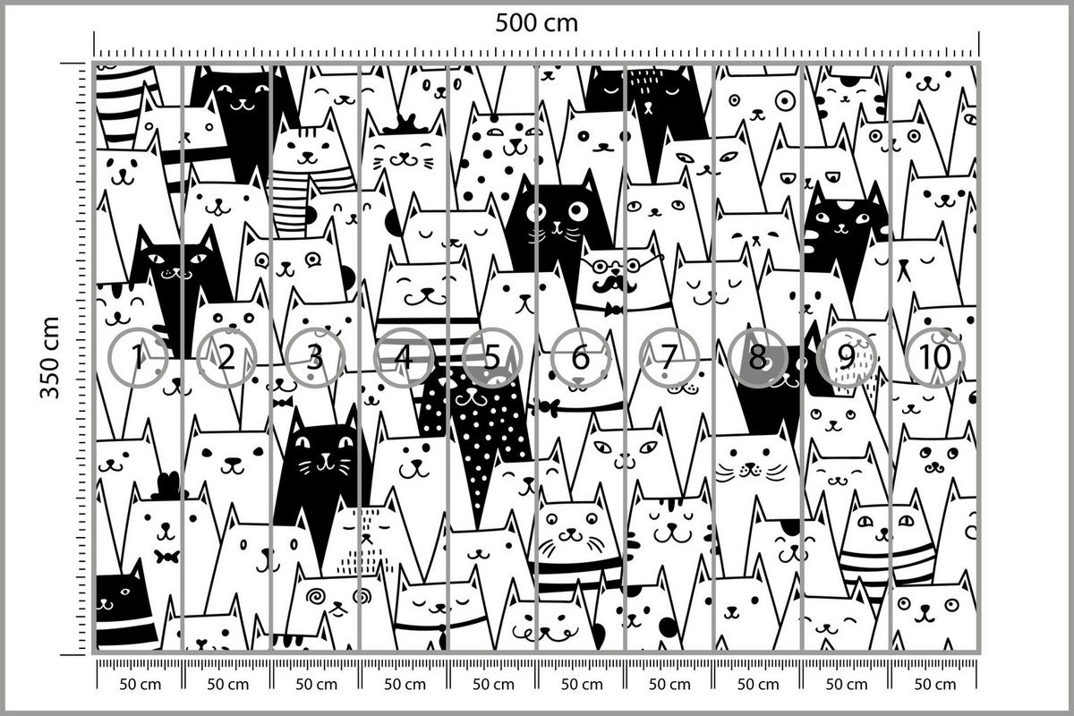FOTOTAPETE für Kinderzimmer Schwarze Weiße Comic Katzen 500x350 - Schwarz/Weiß, Papier (500/350cm) - Muralo