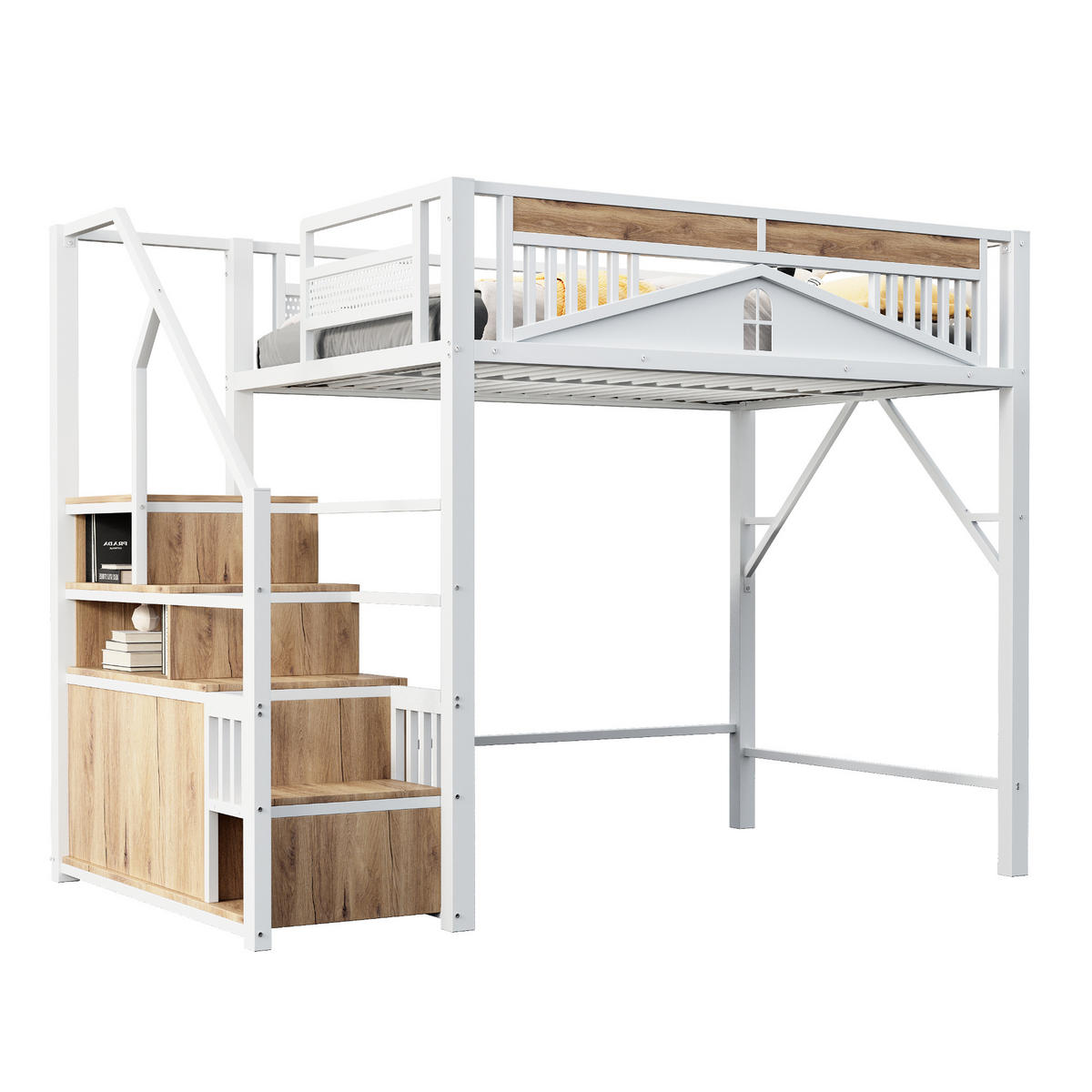 HOCHBETT 140 x 200 cm, Metallmaterial, Sicherheitsleiter mit Stauraum, weiß - Weiß, Metall (140/200cm) - KOMHTOM