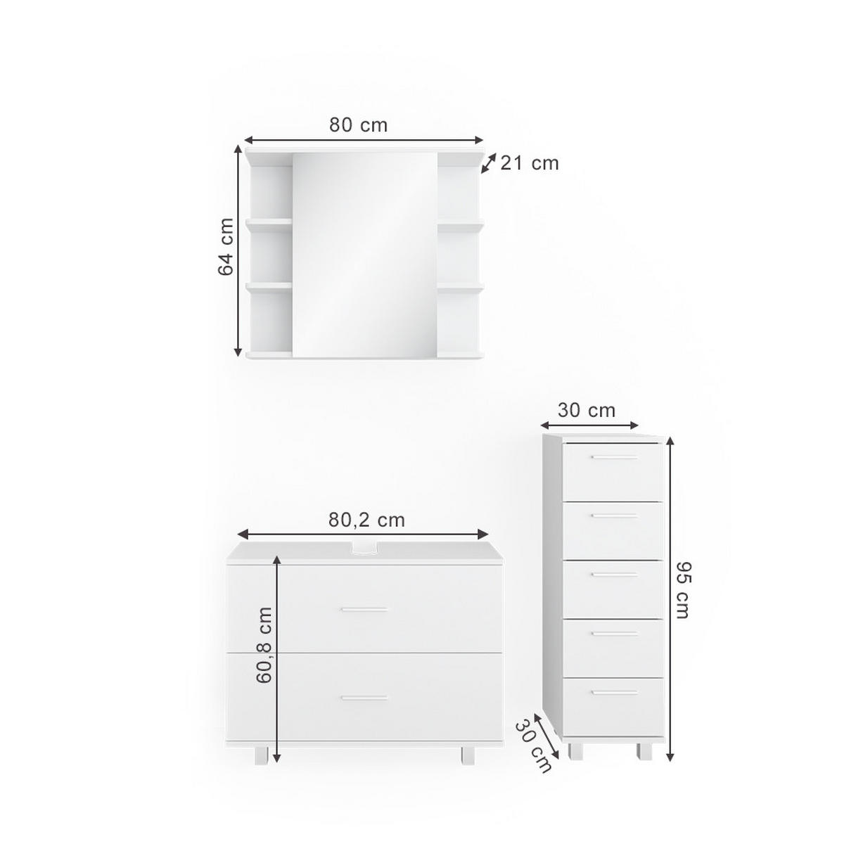 BADMÖBEL-SET Ilias Weiß 3 Teile, mit Unterschrank 80 cm - Weiß, Holzwerkstoff (80/60/33cm) - Vicco