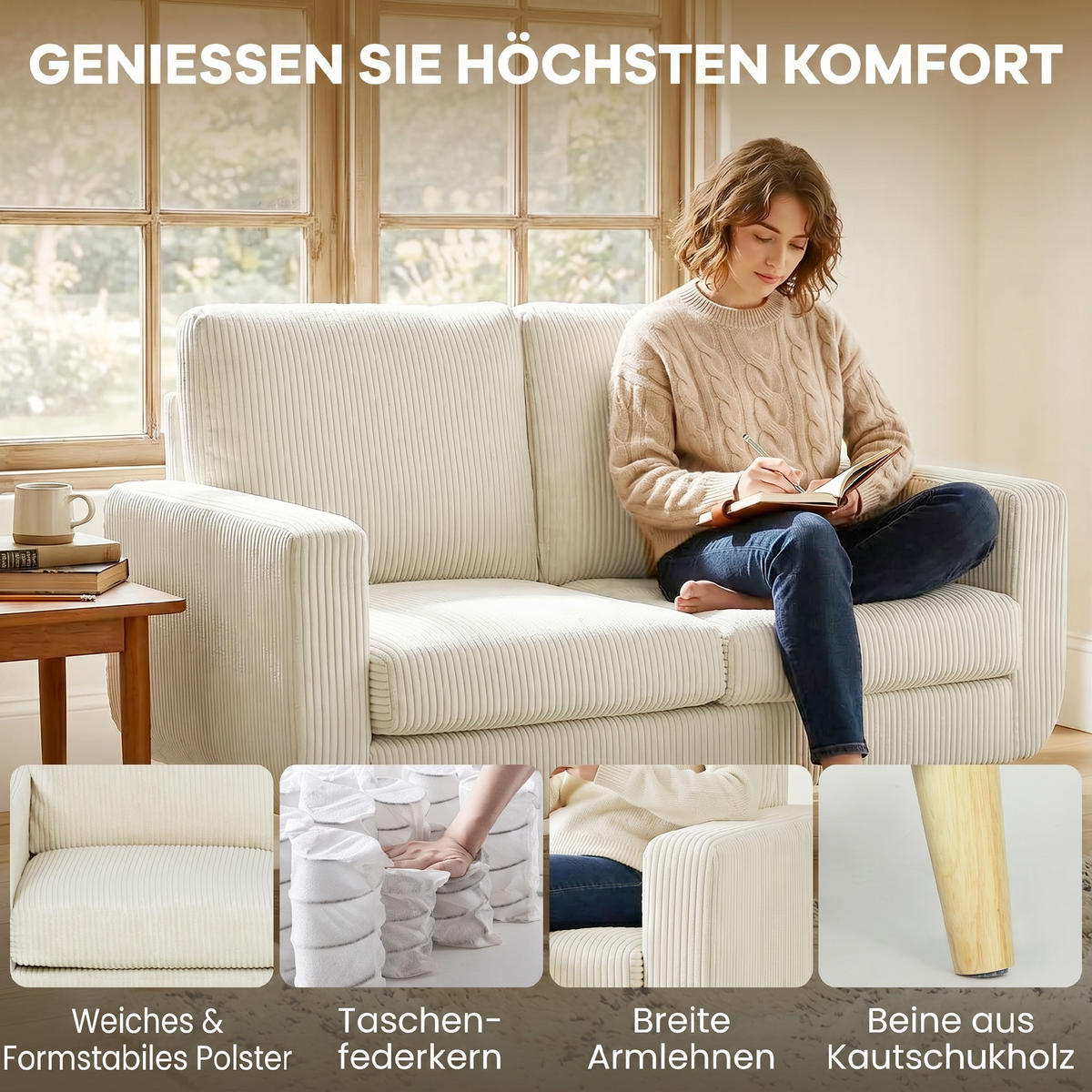 SOFA, 2-Sitzer, Cord, 134cm, Federkernkissen, cremefarben - Multicolor, Holzwerkstoff (134/84/74cm) - FORIOUS