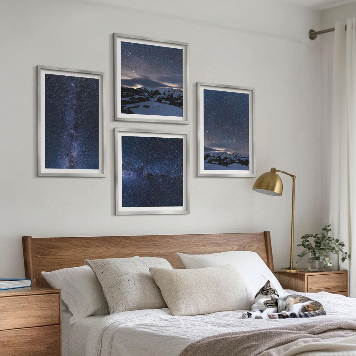 BILDER SET 4er Set - 50x50 cm & 40x60 cm Silberner Rahmen - Nachthimmel, Berge, Sterne - Silberfarben, Kunststoff (50/50cm) - TULUP