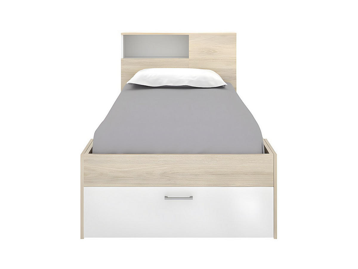 BETT mit Kopfteil, Stauraum & Schublade + Matratze + Lattenrost - 90 x 190 cm - Weiß & Naturfarben - LEANDRE - Naturfarben, Holz (99.5/218.5cm) - Vente-Unique
