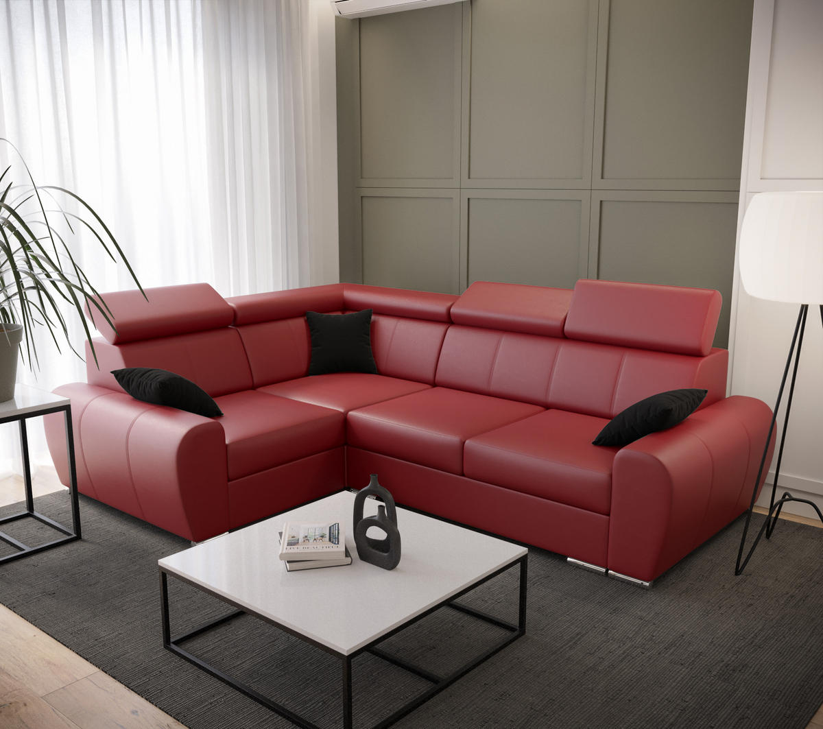 ECKSOFA APOLLO KN08, Eckcouch in L-Form mit Schlaffunktion, Farbe: Rot, Kunstleder, Ottomane Links - Rot, Textil (255/190cm) - O-Sofa