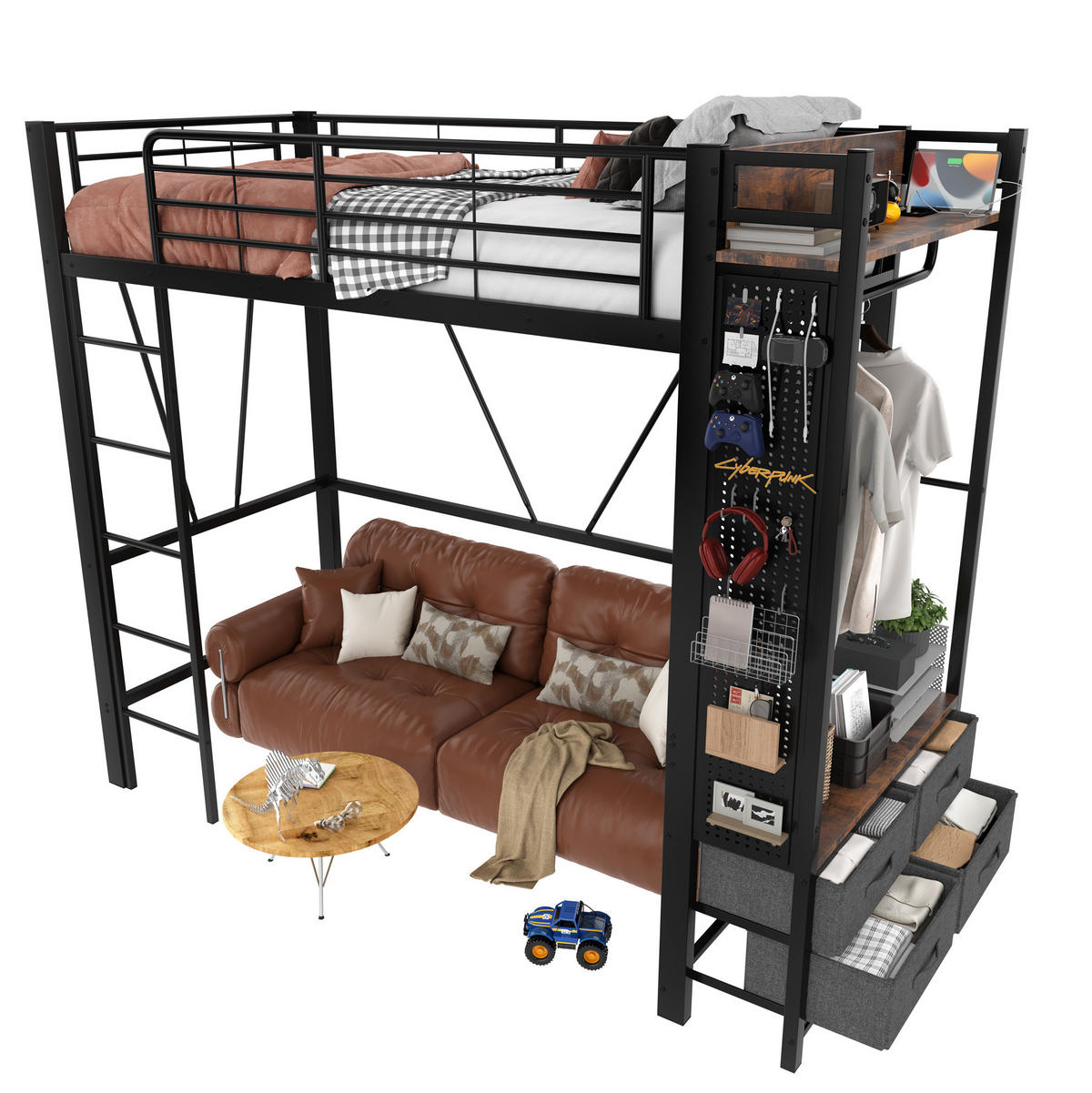 HOCHBETT 90/200 cm aus Metall mit 4 Schubladen, LED-Beleuchtung und USB-Anschlüssen - Schwarz, Metall (90/200cm) - Flora Grace