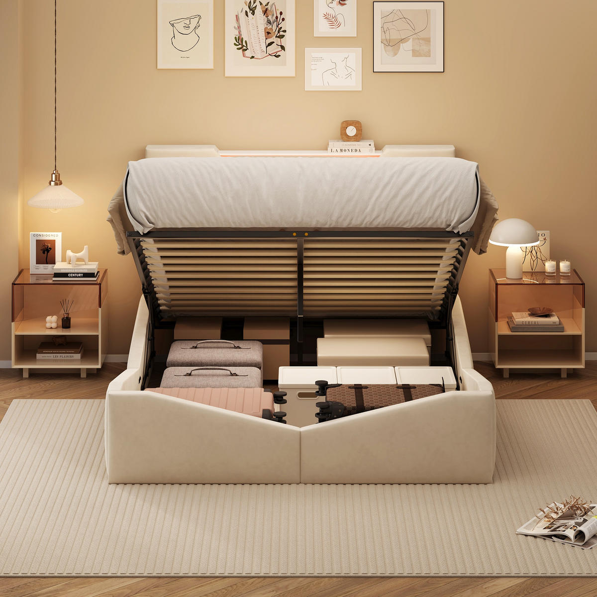 POLSTERBETT 140x190 cm - Dreieckiges Kopfteil mit Stauraum, LED ajustable, 4 Schubladen, Samtstoff, Modernes und schlichtes Design - Beige - Beige, Holzwerkstoff (140/190cm) - Brevoria