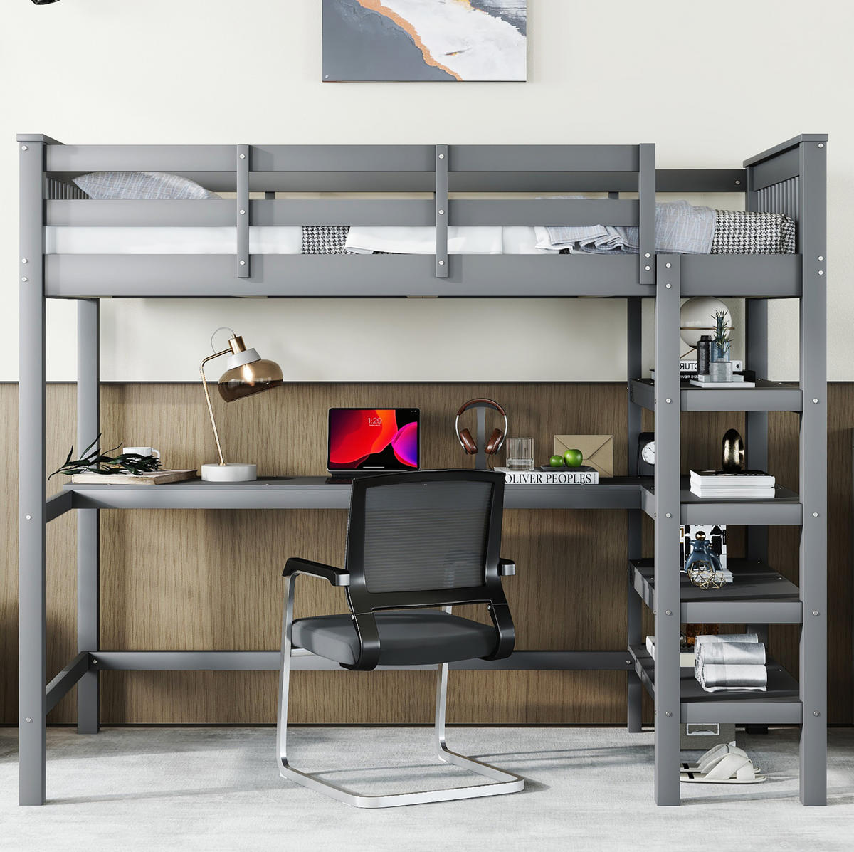 HOCHBETT 90/200 cm aus Kiefernholz mit Schreibtisch und Ablagefächern, Grau - Grau, Holz (90/200cm) - OKMYHOME