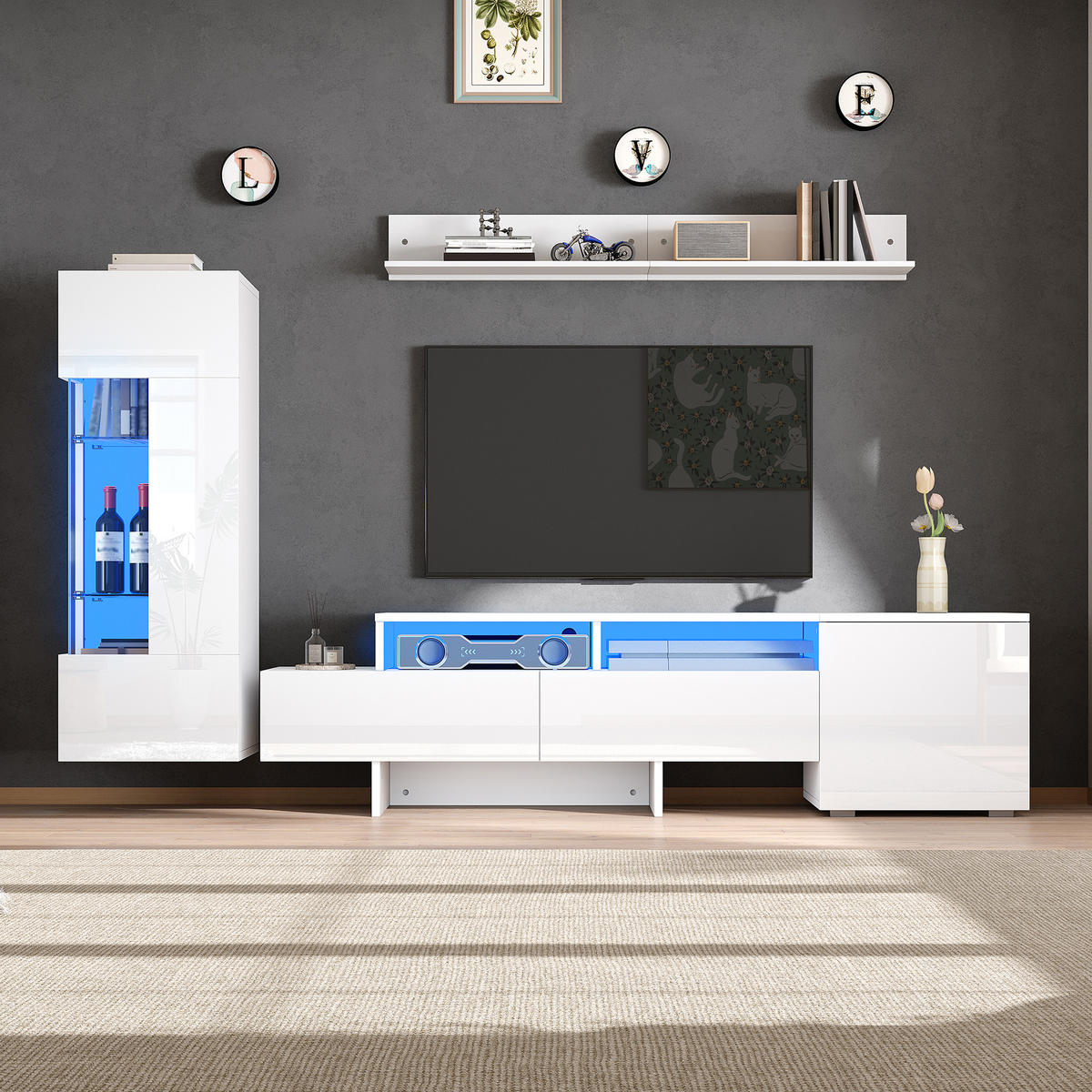 WOHNWAND 3-teilig LED Hochglanz Weiß TV Schrank - Weiß, Glas (170/45/35cm) - FLIEKS