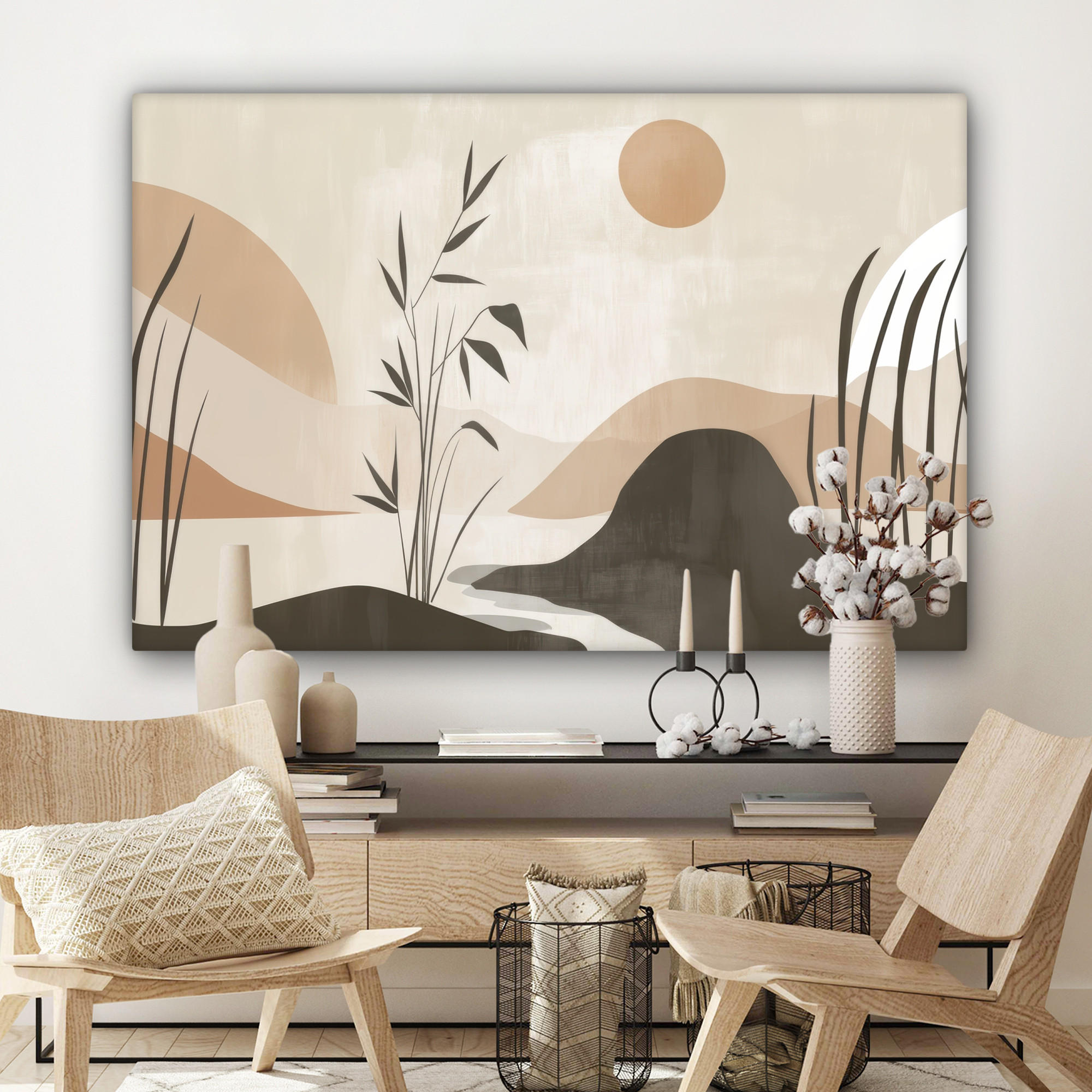 LEINWANDBILD Japandi - Landschaft - Beige Wohnzimmer 120x80 cm - Cognac, Textil (120/80cm) - MuchoWow