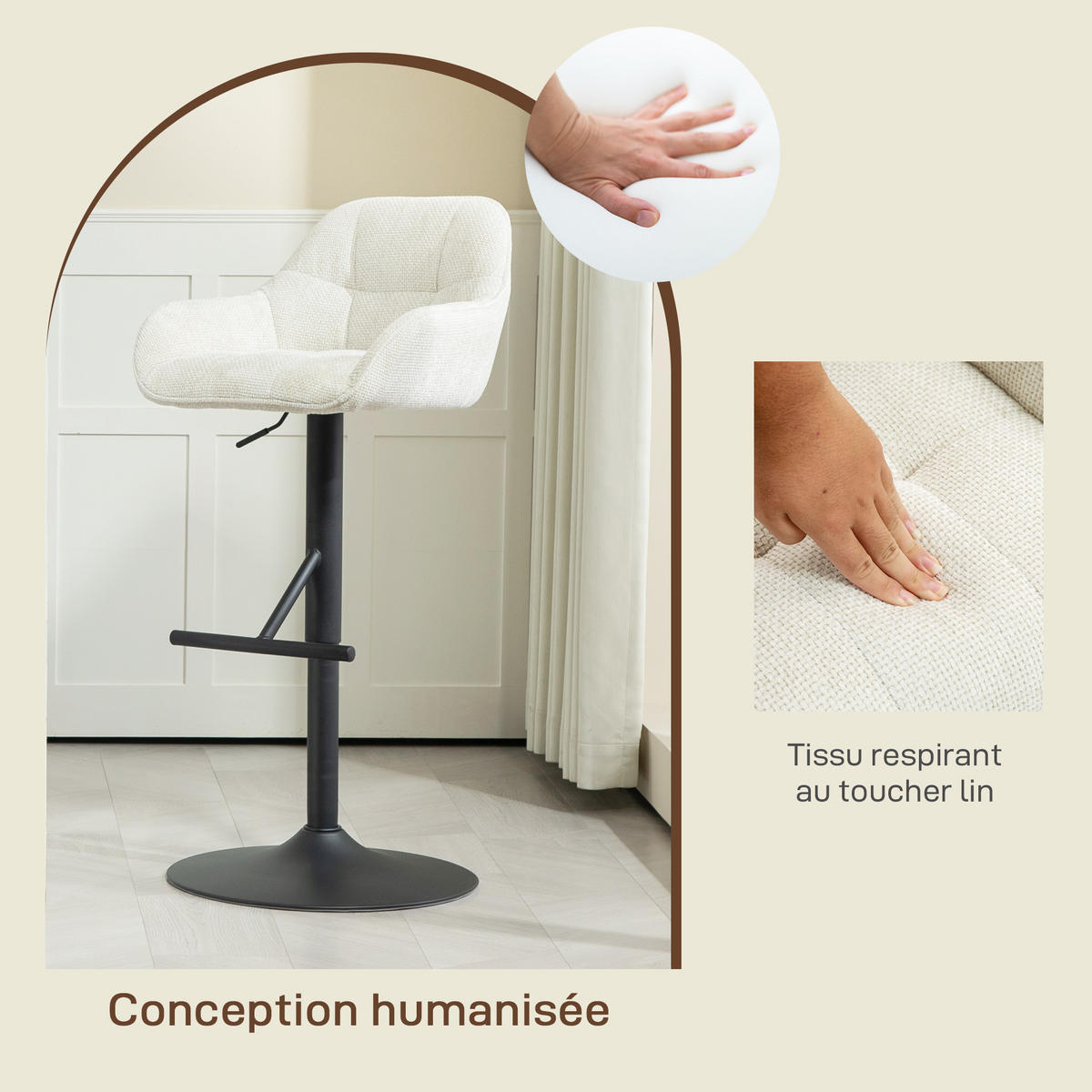 BARHOCKER 2er-Set DE-14749 höhenverstellbar mit Leinenbezug Creme - Creme, Metall (53/108/52.5cm) - ComfortXL