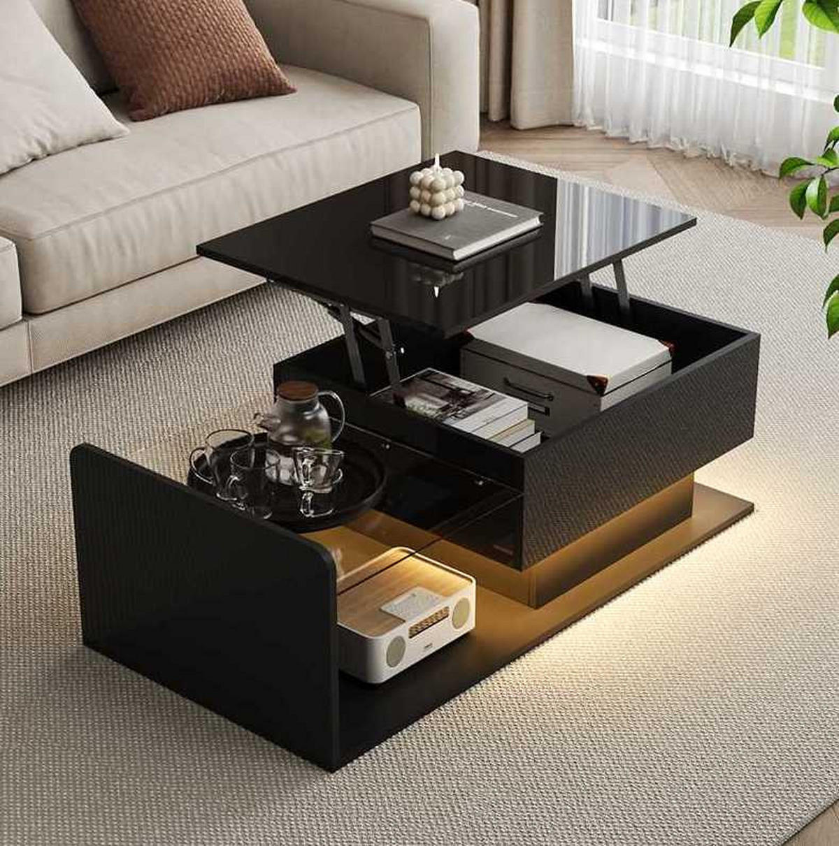 COUCHTISCH aus Spanplatte 100x50x33/47,5 cm in Schwarz mit LED-Lichtleiste - Schwarz, Holzwerkstoff (110/50/47.5cm) - Modfu