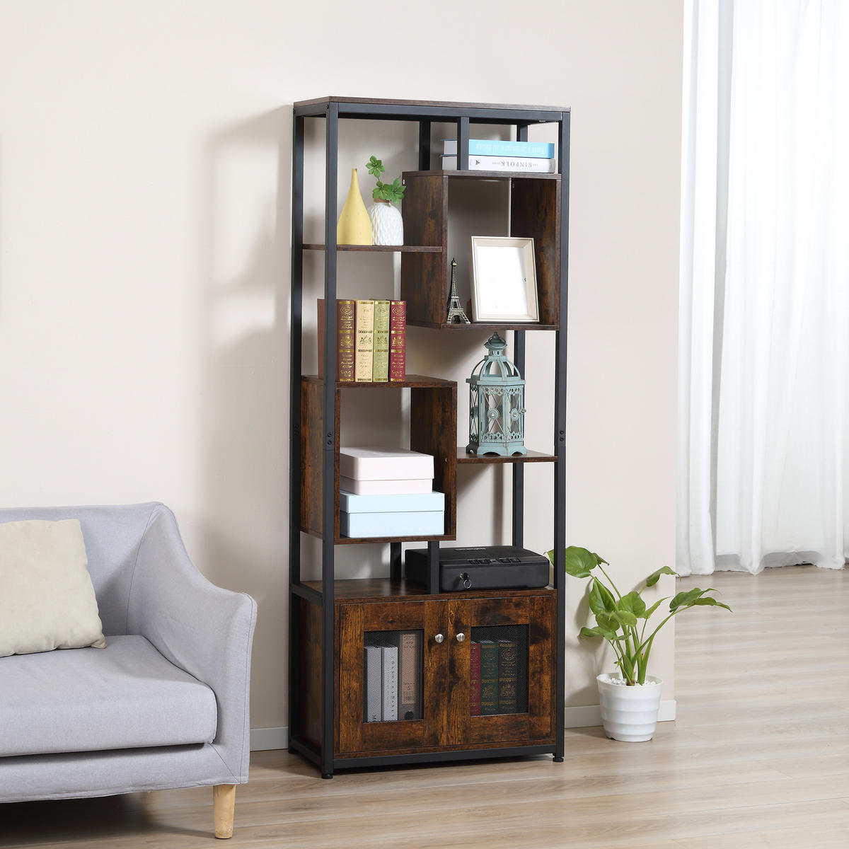 BÜCHERREGAL,INDUSTRIE 8-stöckig mit 2 Türen 70x30x180cm,braun - Braun, Holzwerkstoff (70/180/30cm) - Vallsero