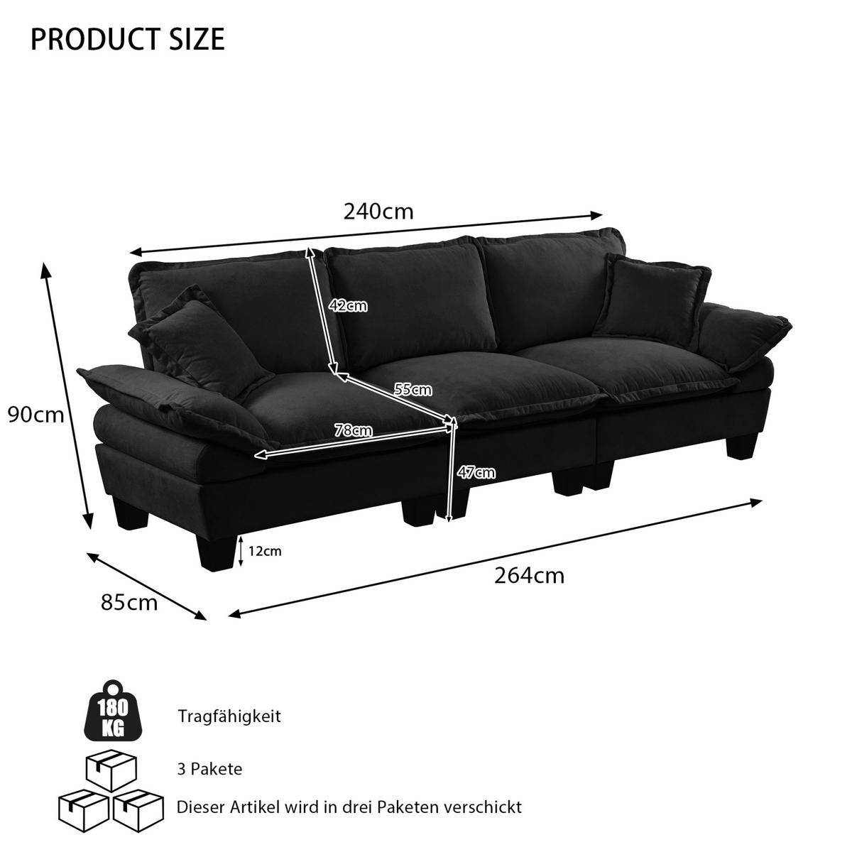 3-SITZER Sofa 263/82/90 cm mit geschwungenen Armlehnen und modularer Form, Chenille, Schwarz - Schwarz, Textil (263/90/82cm) - Redom