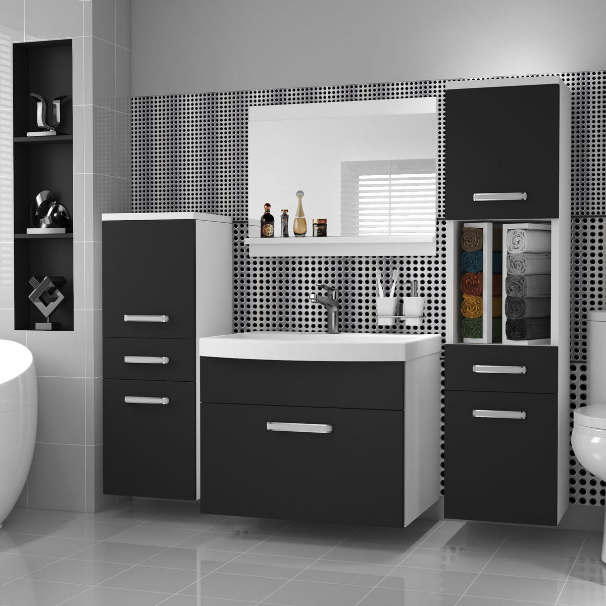 BADMÖBEL Badezimmer SET PRI M5, Schwarz Matt, 120 cm - Schwarz, Holz (38.7/113.5/120cm) - B BELINI GROUP
