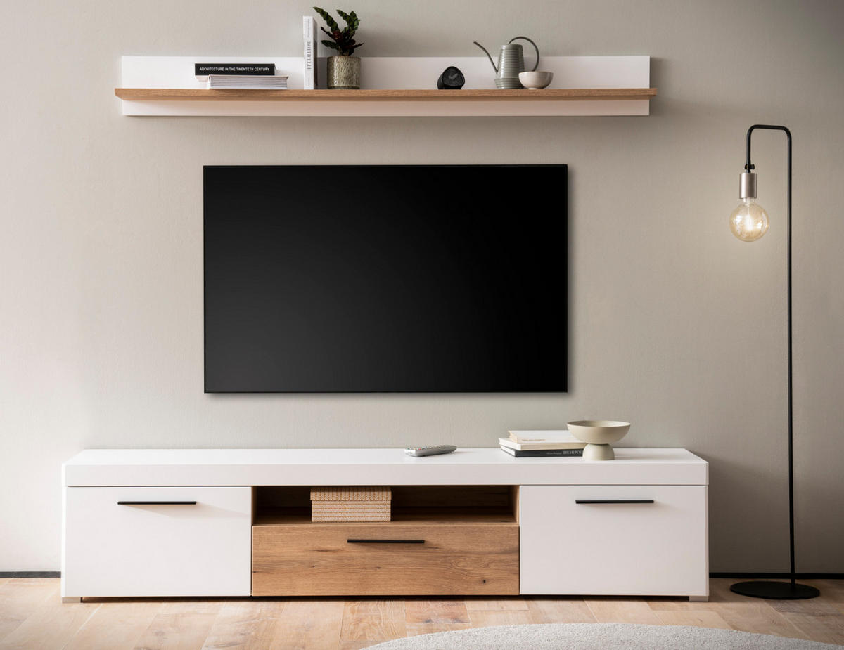 WOHNZIMMER-SET Wandboard weiß matt, Evoke Eiche, Wohnkombination 2-teilig, Soft-Close-Funktion - Eichefarben/Schwarz, Holzwerkstoff/Kunststoff (205/180/45cm) - Furn.Design