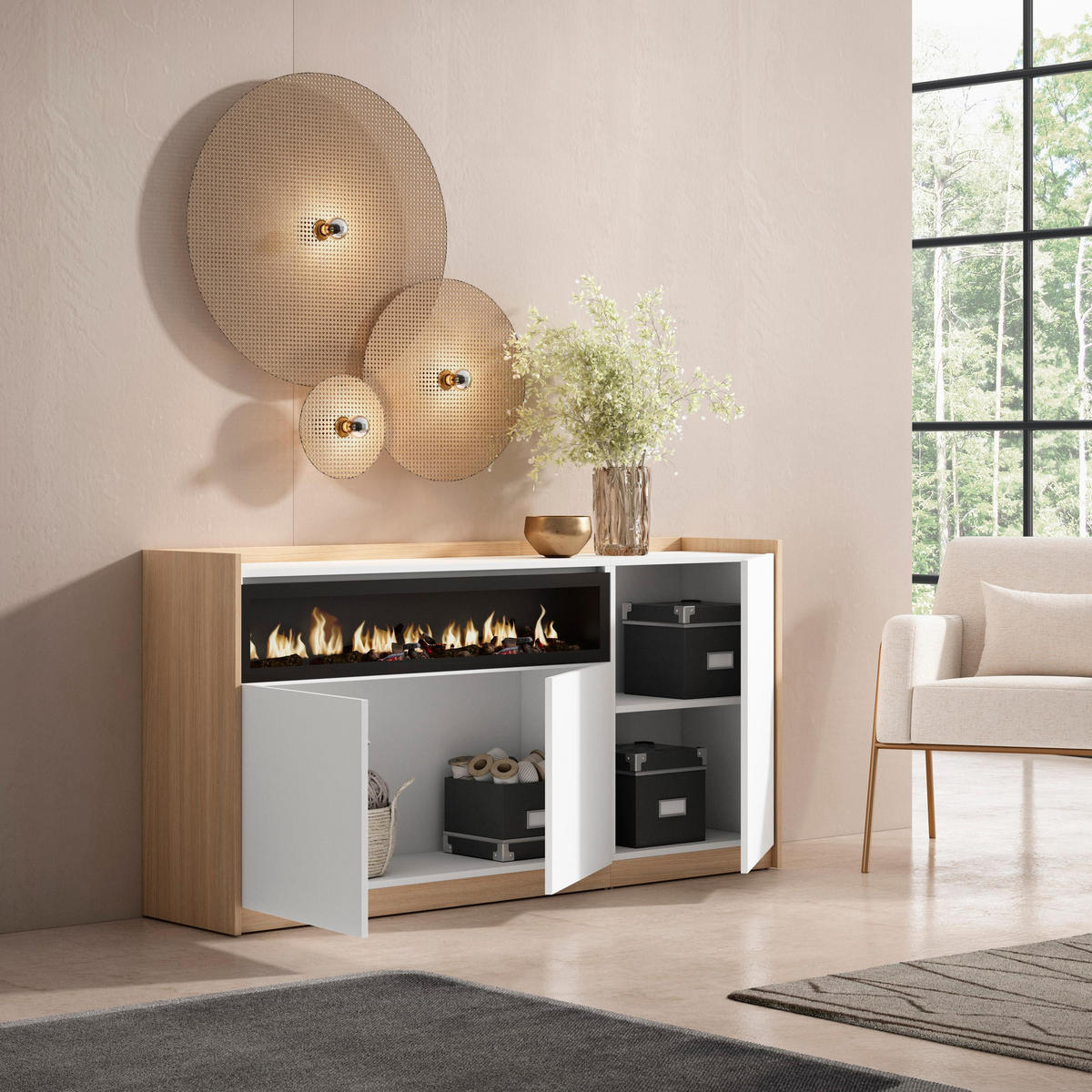 SIDEBOARD, Highboard, Weiß und Eiche Soft, Elektrokamin, 156/37/80cm - Weiß, Holzwerkstoff (156/80/37cm) - Skraut Home