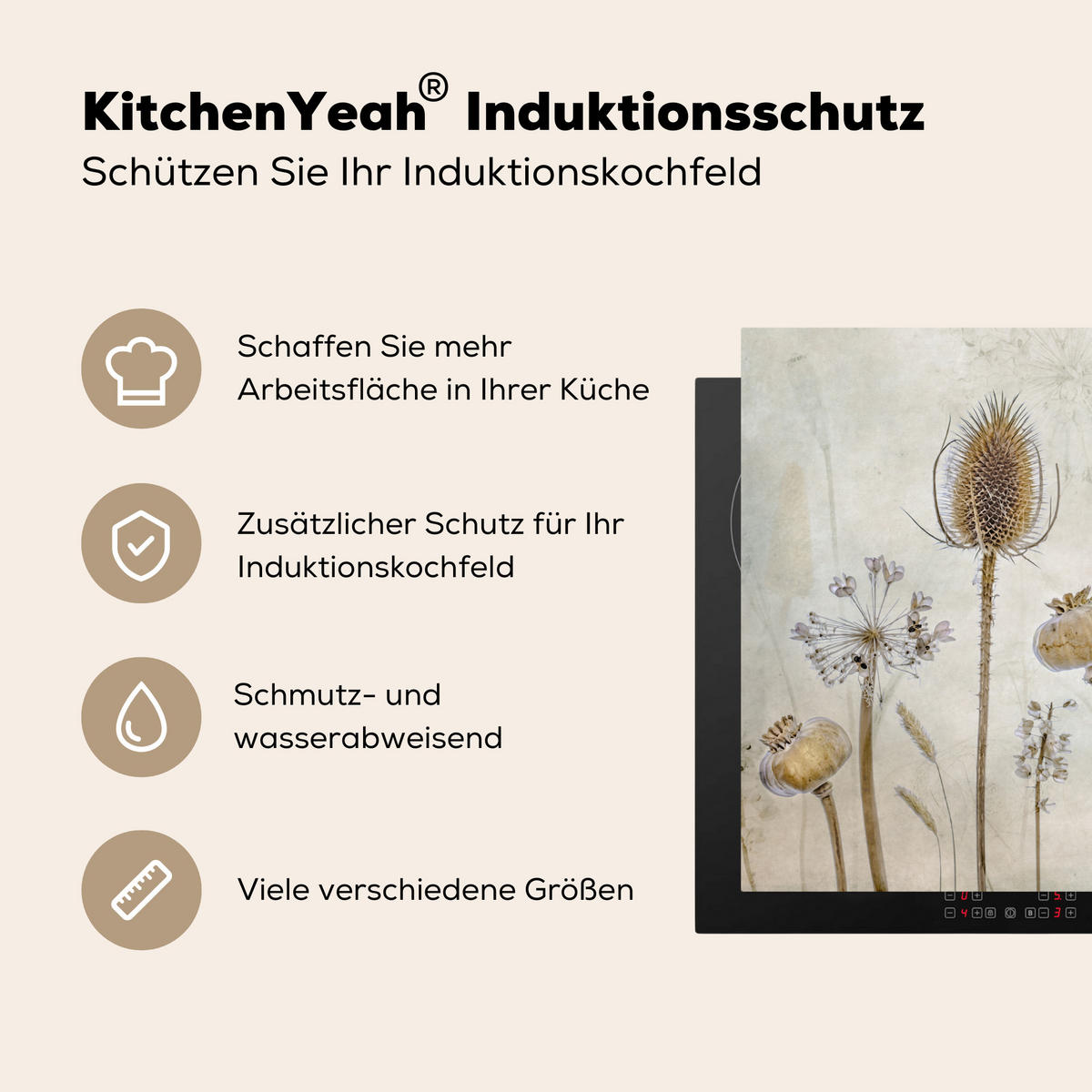 HERDABDECKPLATTE Blumen - Aquarell - Stilleben - Braun - Vintage 76x51 cm - Sandfarben, Kunststoff (76/51.5/0.2cm) - MuchoWow