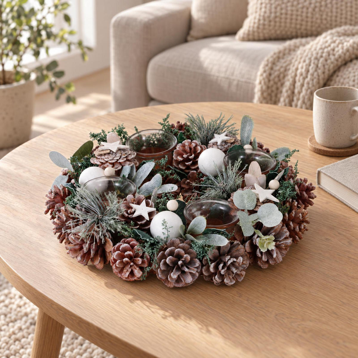ADVENTSKRANZ mit 4 Glas-Kerzenhaltern 30/30/7,5 cm - Silberfarben, Naturmaterialien (30/7.5/30cm) - Home Styling Collection