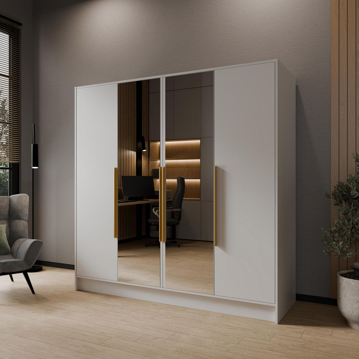 DREHTÜRENSCHRANK Laro mit Spiegel, Weiß mit mit goldenen Griffen, 200 cm - Weiß, Holzwerkstoff (200/200/51cm) - Beautysofa