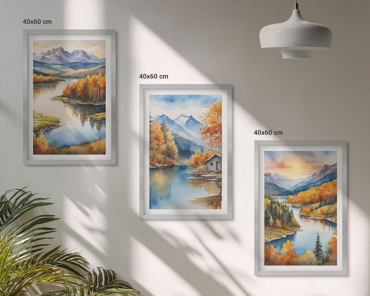 BILDER SET 3er Set - 40x60 cm Silberner Rahmen - Herbstliche Berglandschaften - Silberfarben, Kunststoff (40/60cm) - TULUP