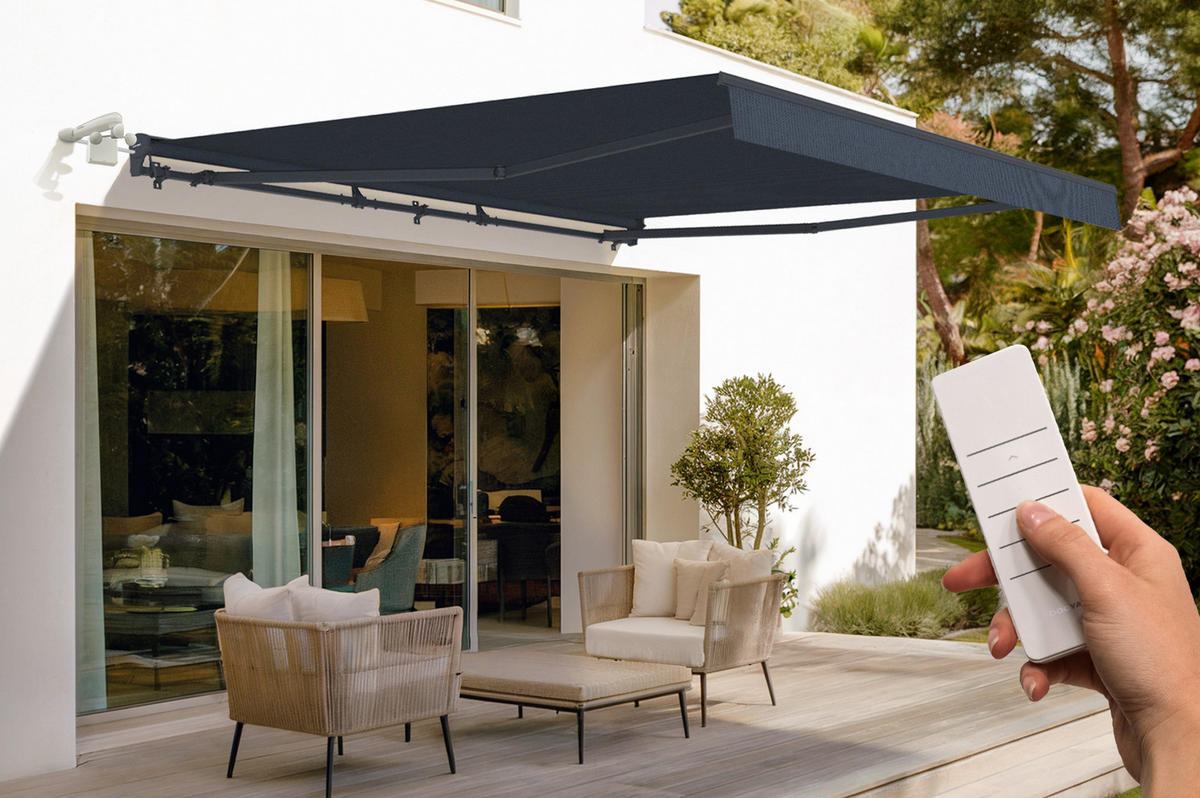 HALBKASSETTENMARKISE Fazzio Graue 4m x 3m motorisierte - Premium-Leinwand 320g/m² - Grau, Metall (400/270/300cm) - Cazeboo