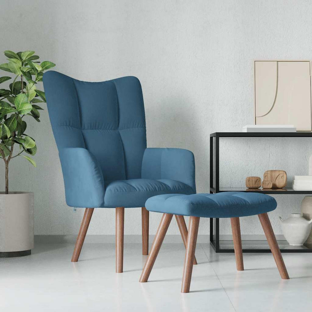 SESSEL mit Hocker, Holzbeine 61,5/69/95,5 cm aus Samt Blau - Blau/Braun, Holz/Textil (61.5/95.5/69cm) - vidaXL