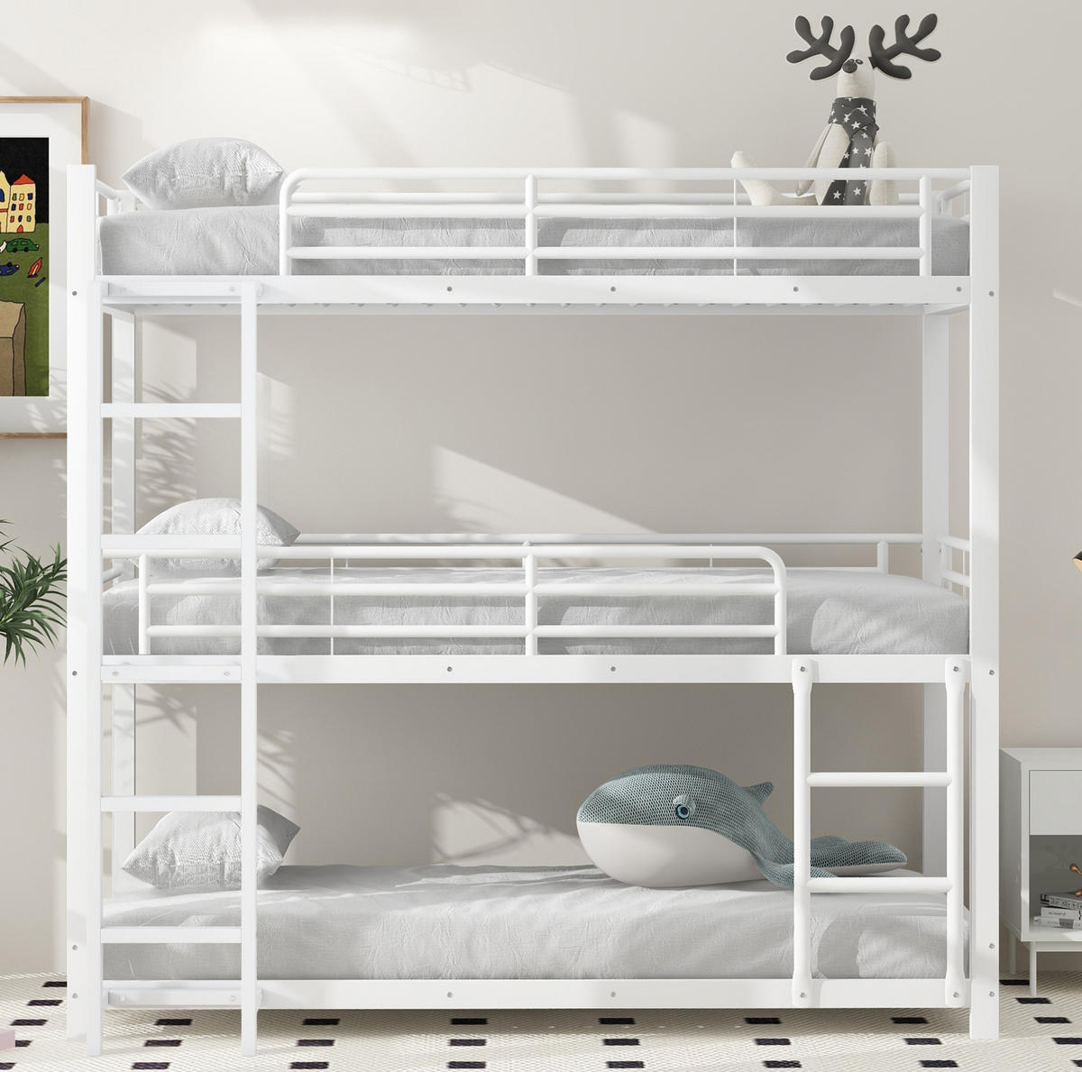 ETAGENBETT 90/200 cm Dreifachstockbett mit Sicherheitsgeländern und Leiter, Weiß - Weiß, Metall (90/200cm) - Redom