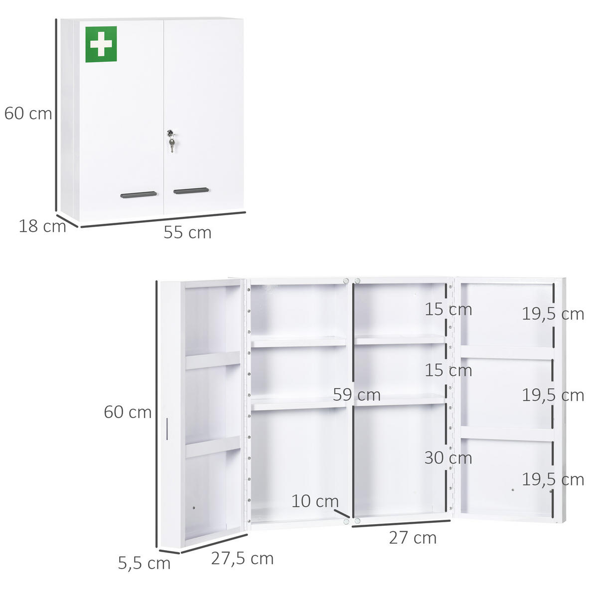 MEDIZINSCHRANK mit 6 Einlegeböden, Erste Hilfe, Stahl, Weiß, 55 x 18 x 60 cm - Weiß, Metall (18/60/55cm) - Kleankin