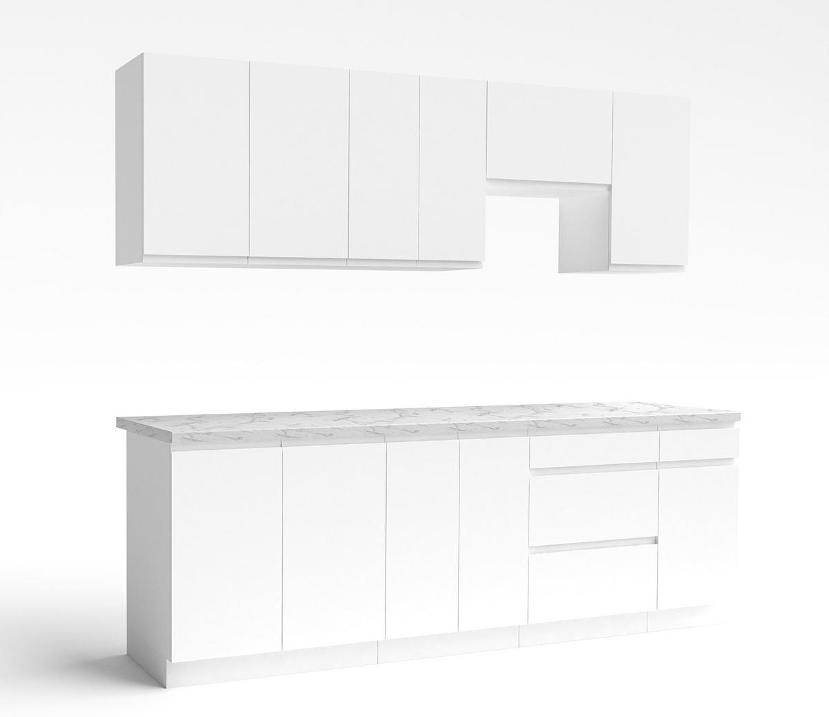 KÜCHENLEERBLOCK Aquileia 240 cm Weiß Matt mit Arbeitsplatte Marmor Bianco - Hellgrau/Weiß, Holzwerkstoff (240/157.8/60cm) - AX Living