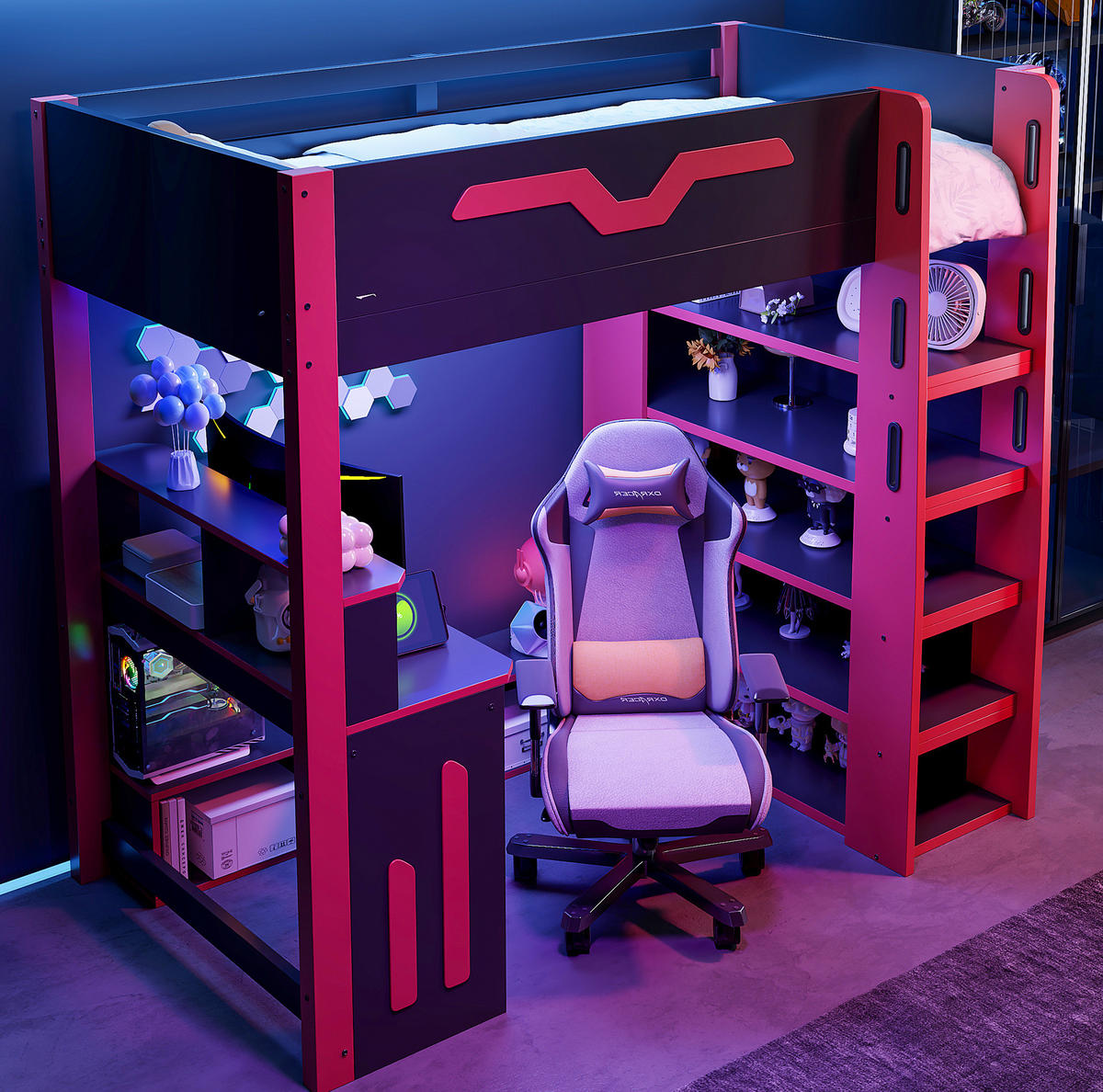 HOCHBETT 90/200 cm mit Schreibtisch, LED-Beleuchtung und Stauraumtreppe, MDF/Sperrholz, Schwarz/Rot - Schwarz, Holzwerkstoff (90/200cm) - Redom