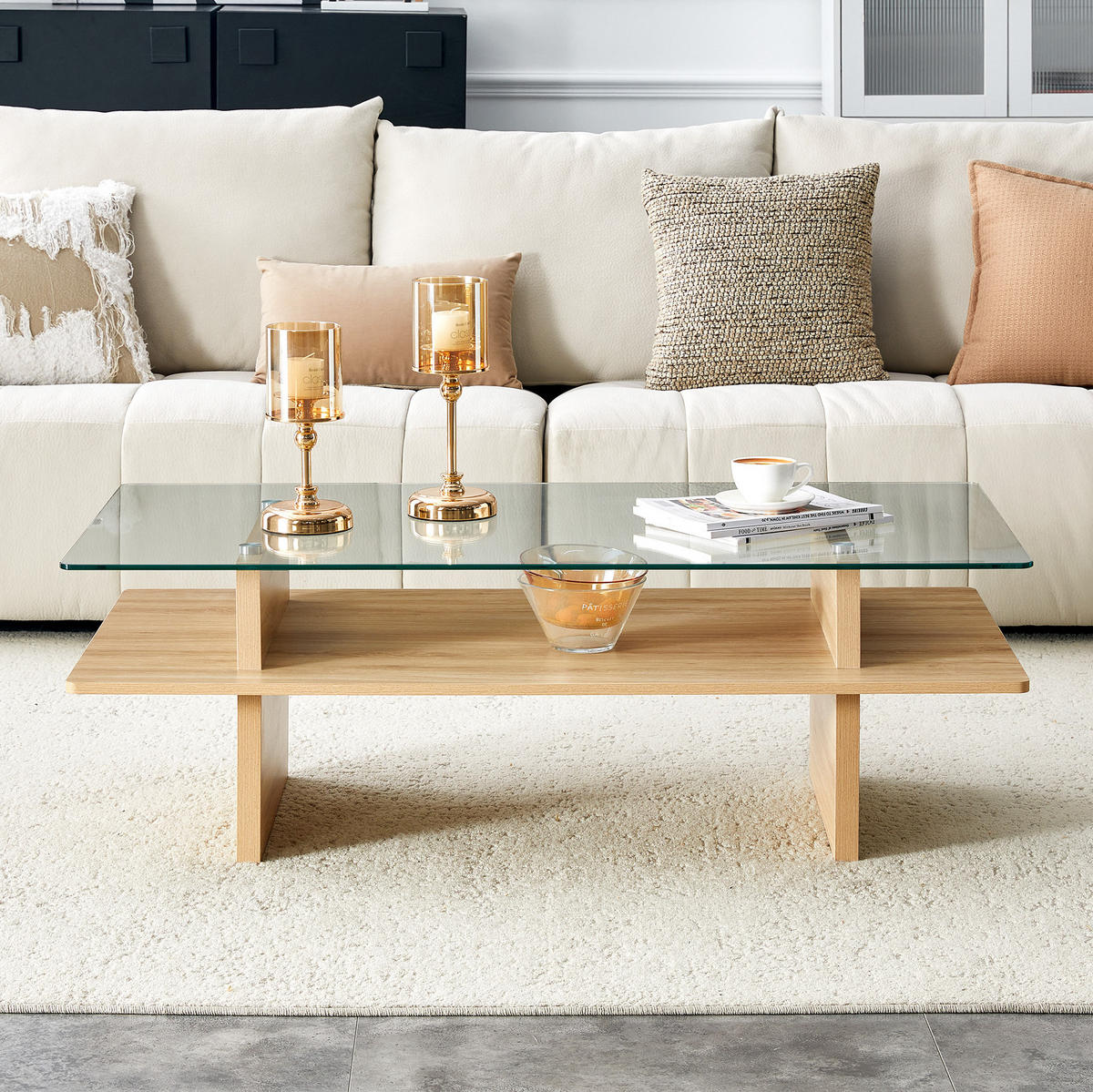 COUCHTISCH 115/55/40 mit Glasplatte, MDF-Ablage und stabilem Rahmen, Holzfarben - Naturfarben, Holzwerkstoff (115/55/40cm) - Redom