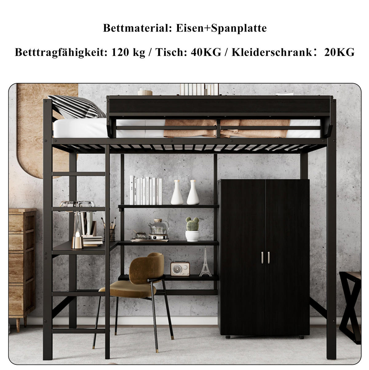 HOCHBETT 90/200 cm aus Metall und Holzwerkstoff mit Tisch und Kleiderschrank Schwarz - Weiß, Metall (90/200cm) - Modenvie