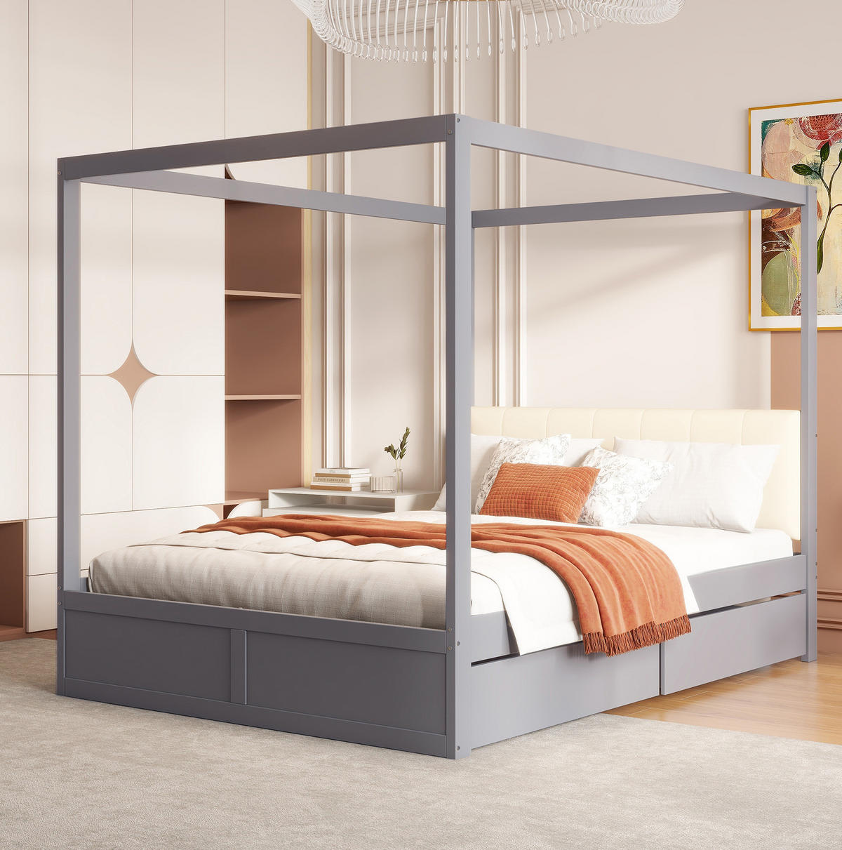 BETT mit Himmel 140/200 cm in Weiß/Grau mit Schubladen und gepolstertem Kopfteil - Grau, Holz (140/200cm) - BEAOK