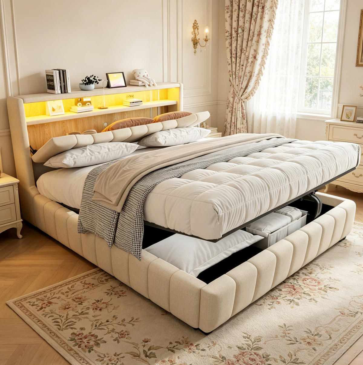 POLSTERBETT 180x200 cm in Beige mit Bettkasten, LED-Beleuchtung und USB-/USB-C-Anschlüssen - Beige, Textil (180/200cm) - IVMEU