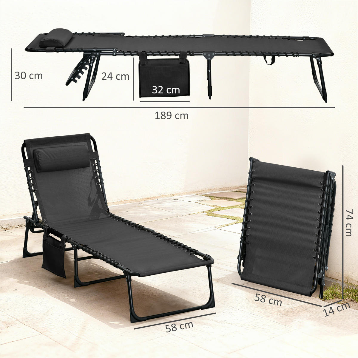 SONNENLIEGE Klappbare mit verstellbarer Rückenlehne gepolsterter Kopfstütze 189x58x30 cm ,Schwarz - Schwarz, Metall (58/30/189cm) - Vallsero