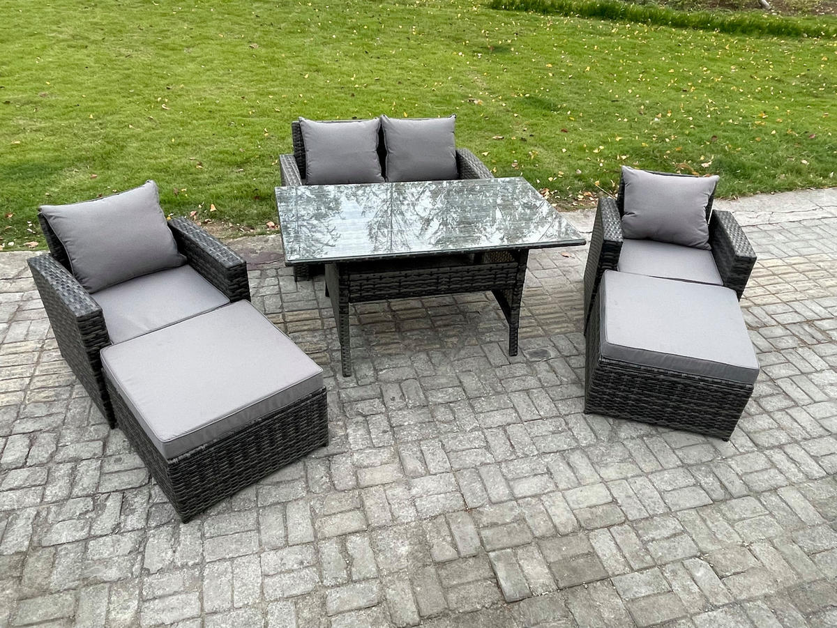 BALKONMÖBEL-SETS mit 2-Sitzer Sofa,2 Fußhocker,Esstisch Polyrattan Dunkelgrau 6-Sitzer - Dunkelgrau/Grau, Glas/Kunststoff - Fimous