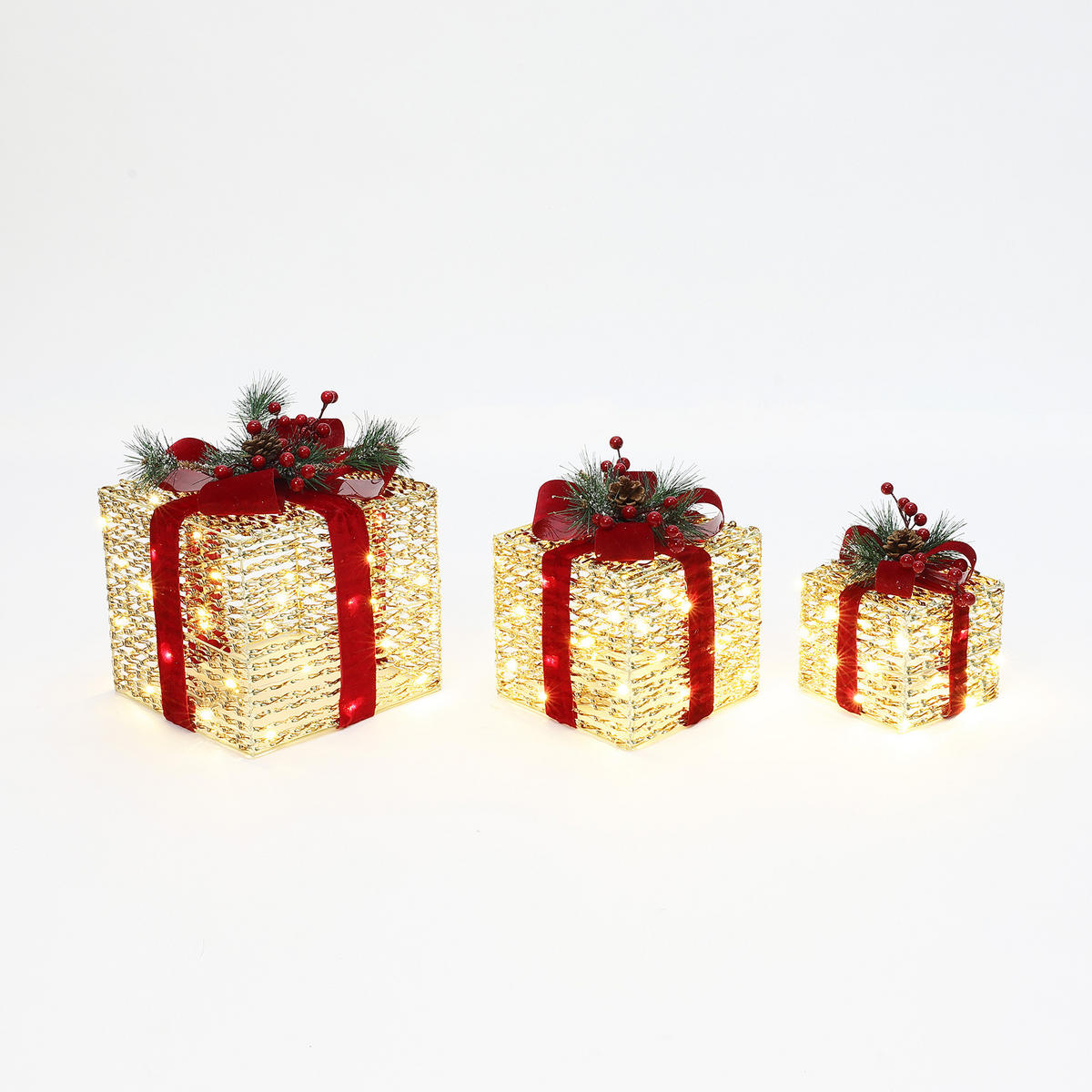 3ER-SET LED-Geschenkboxen – Weihnachtsdeko - Goldfarben, Textil (26/30/26cm) - Hometopia