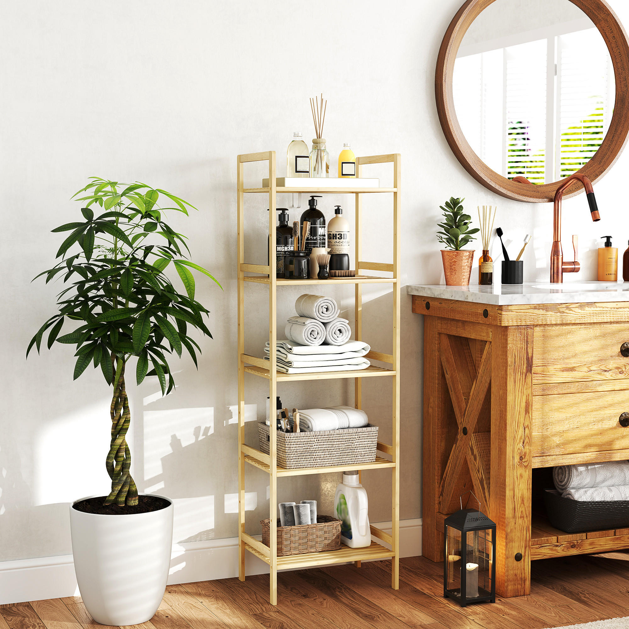 BADREGAL mit 5 Ebenen, 43,5 x 31,5 x 142 cm, Naturholz - Naturfarben, Naturmaterialien (43.5/142/31.5cm) - HOMCOM