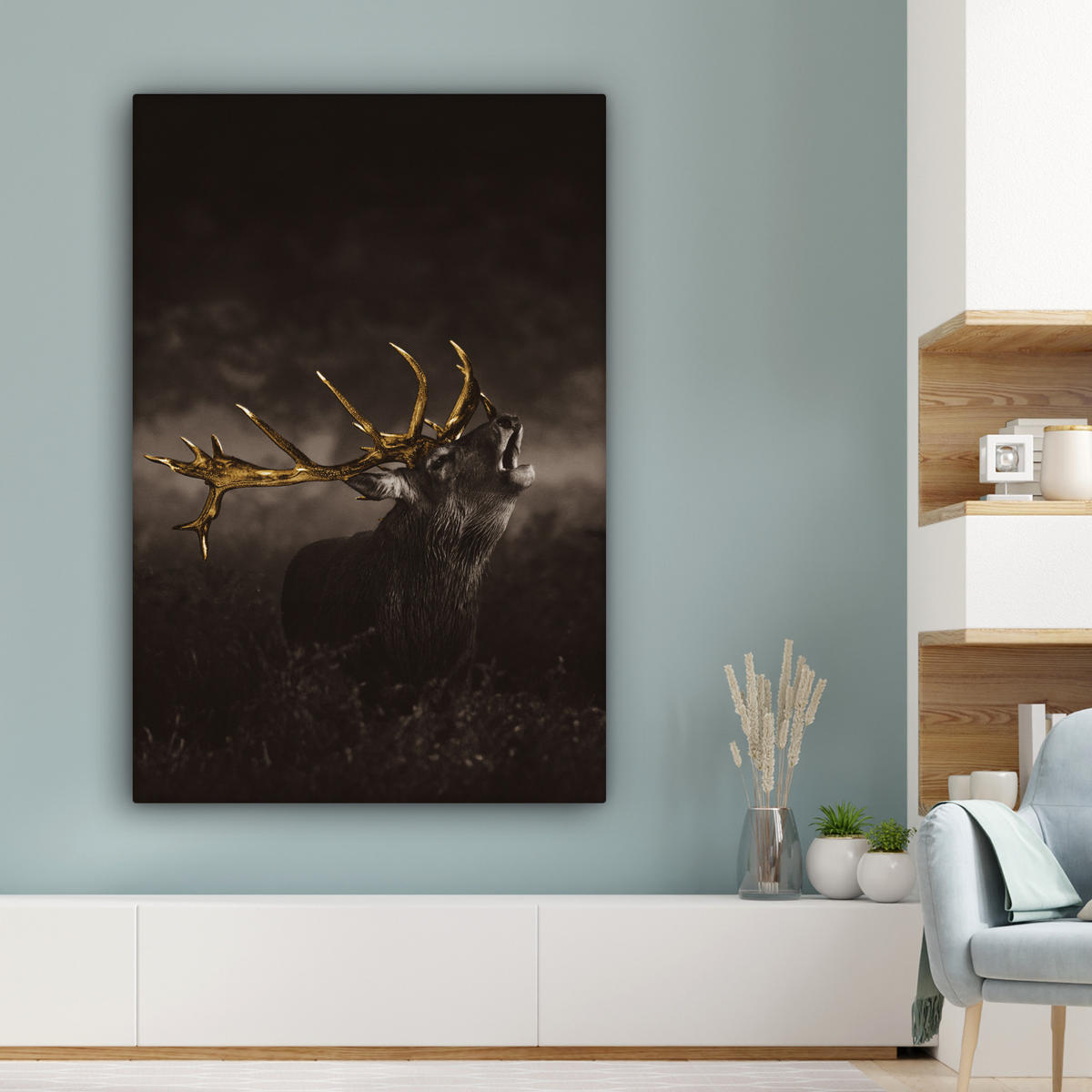 LEINWANDBILD Rotwild - Schwarz - Gold 80x120 cm - Braun, Textil (80/120cm) - MuchoWow