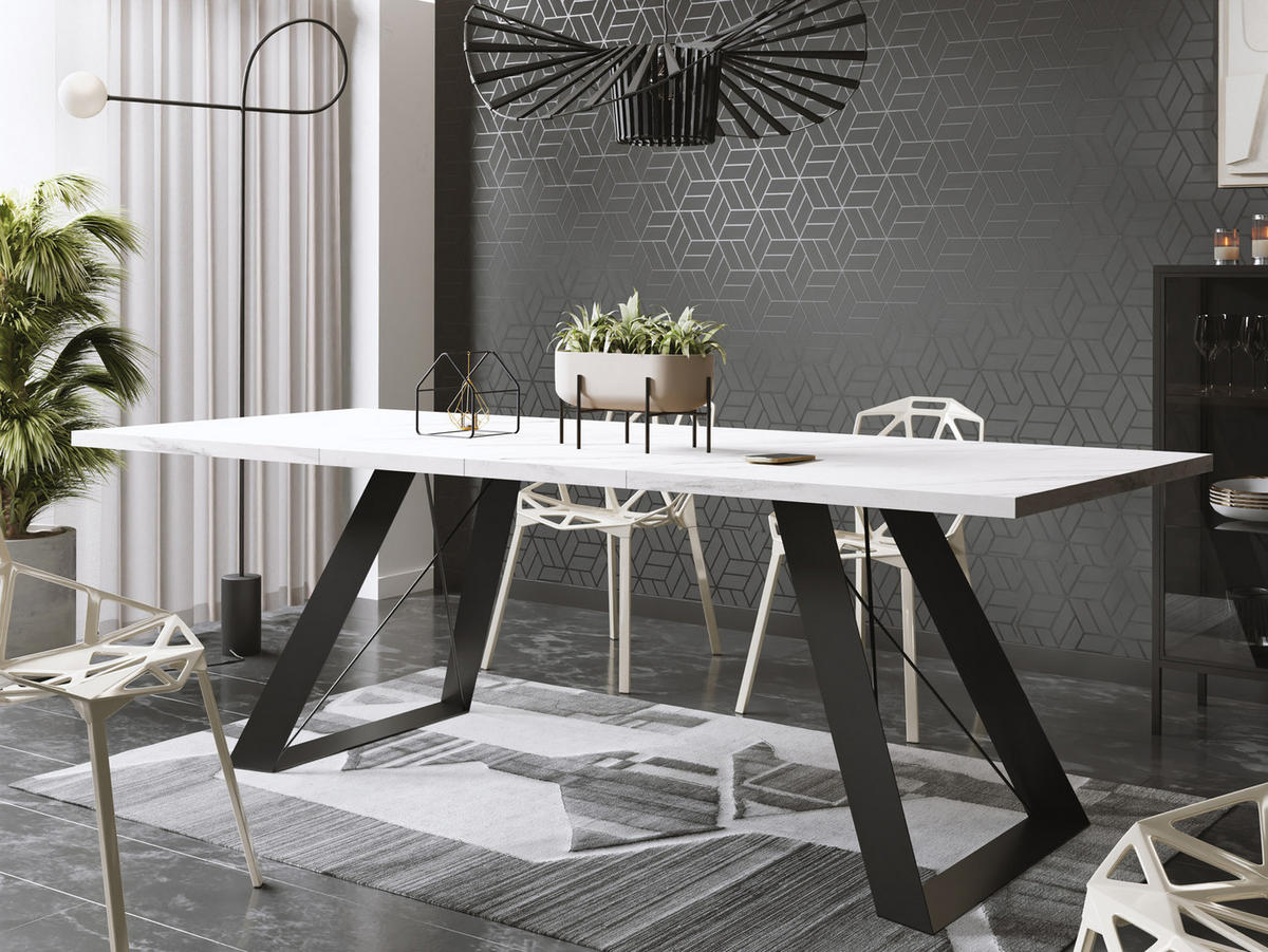 ESSTISCH Colter rechteckig ausziehbar, Marmor Weiß 160-260/90/76 cm - Ecru/Schwarz, Holzwerkstoff/Metall (160/90/76cm) - WFL GROUP