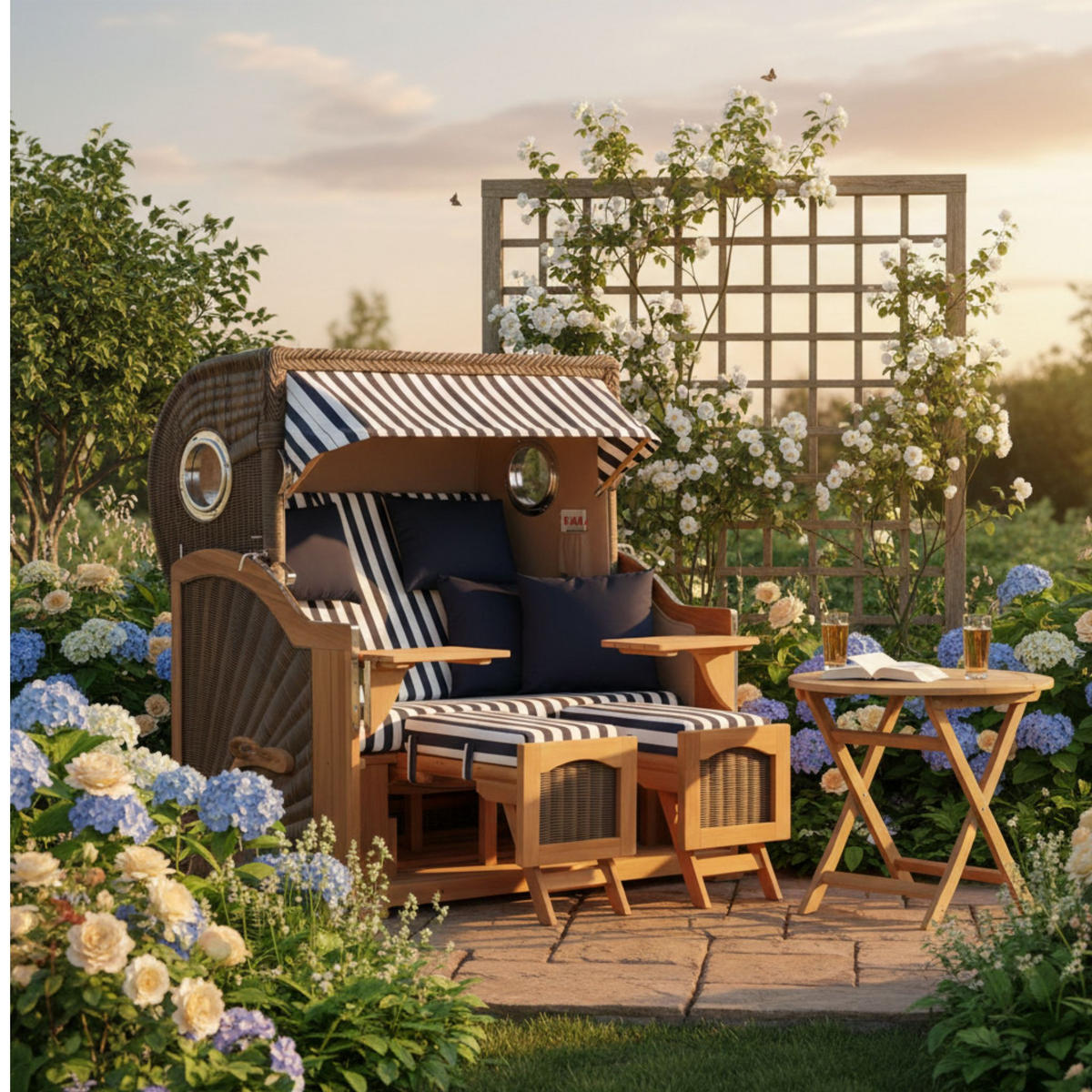 STRANDKORB Düne Grande Bullauge Teak PE Grey Dessin 518 - Blau/Braun, Metall (142/170/95cm) - Mr. Deko