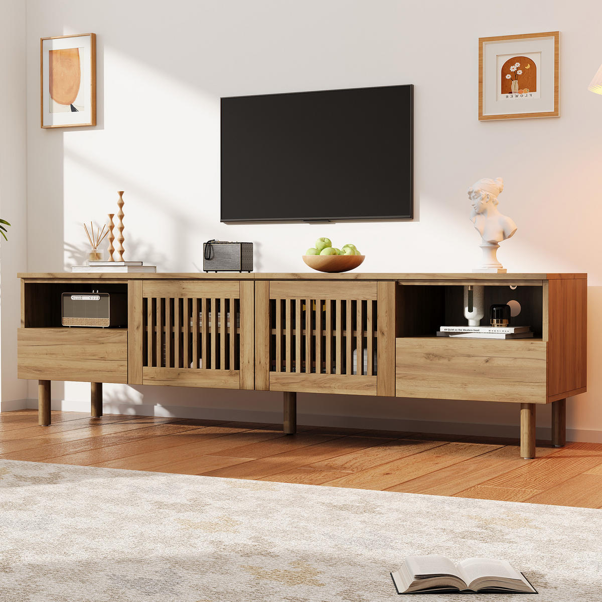 TV komoda 180/40/51 cm s rešetkastim vratima i ladicama u izgledu drva - prirodne boje/boje oraha, drvni materijal (180/51/40cm) - CHICFURN